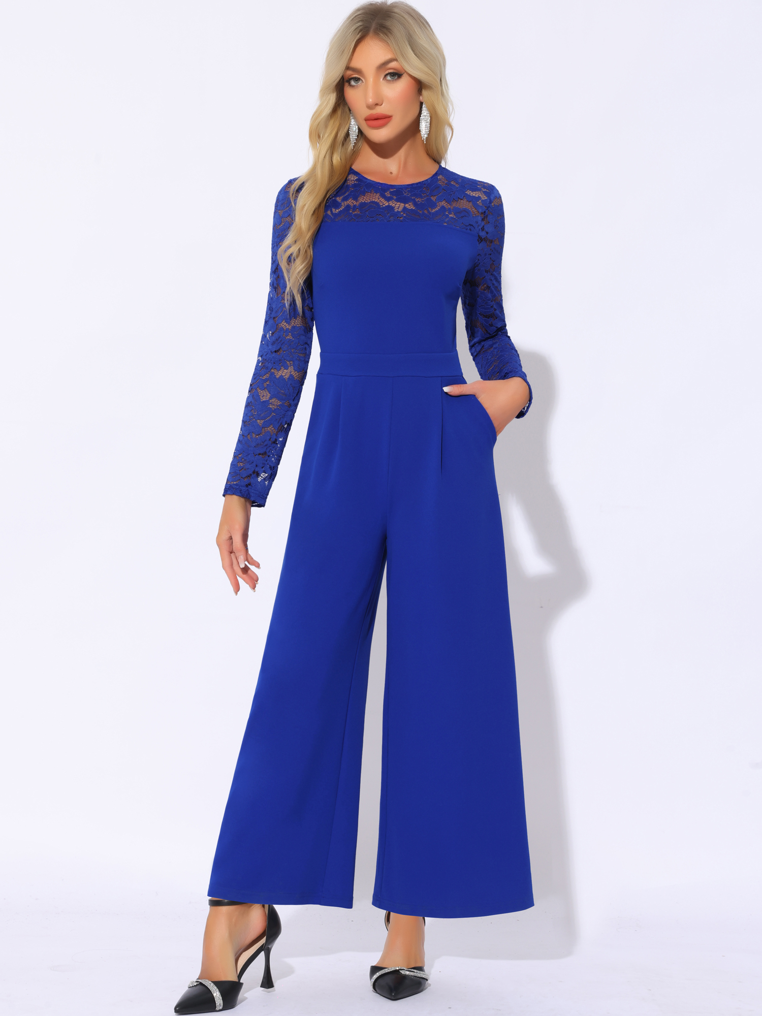 Crew Neck Mesh Lace Sleeve Wide Leg Jumpsuit Royal Blue/XS