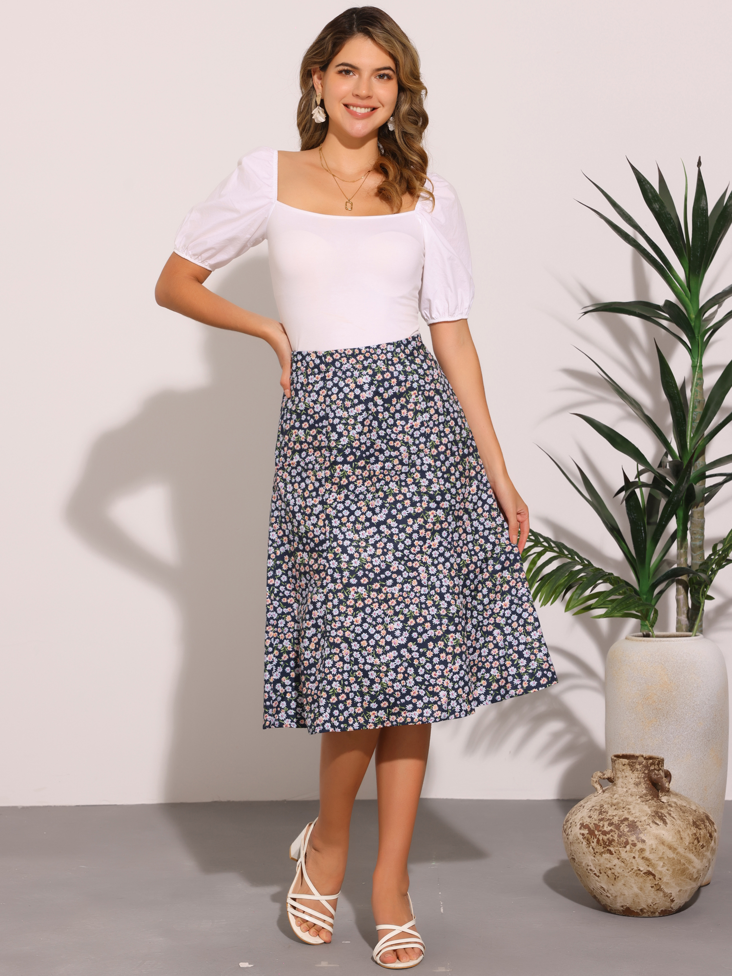 Floral Peasant Elastic Waist A-Line Ditsy Leave Midi Skirt Floral Dark Blue/XS