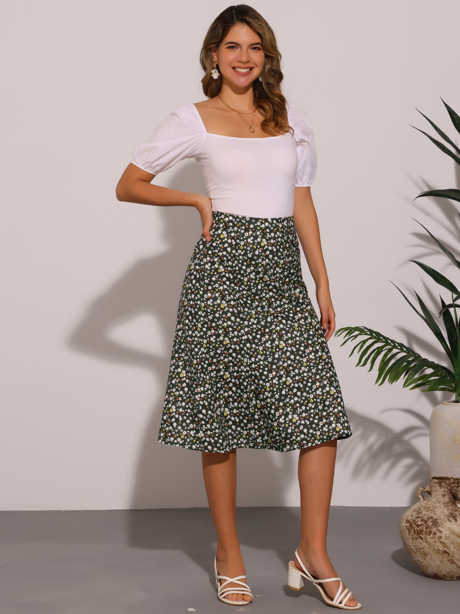 Floral Peasant Elastic Waist A-Line Ditsy Leave Midi Skirt Floral Black White/XL