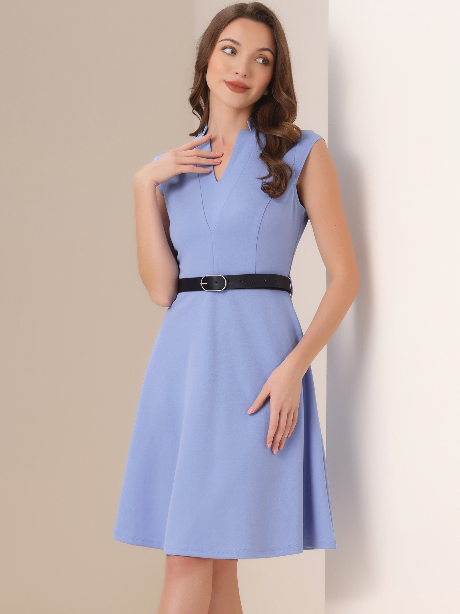 Office V Neck Work Sleeveless A-line Midi Solid Belted Dress Grey Blue/M