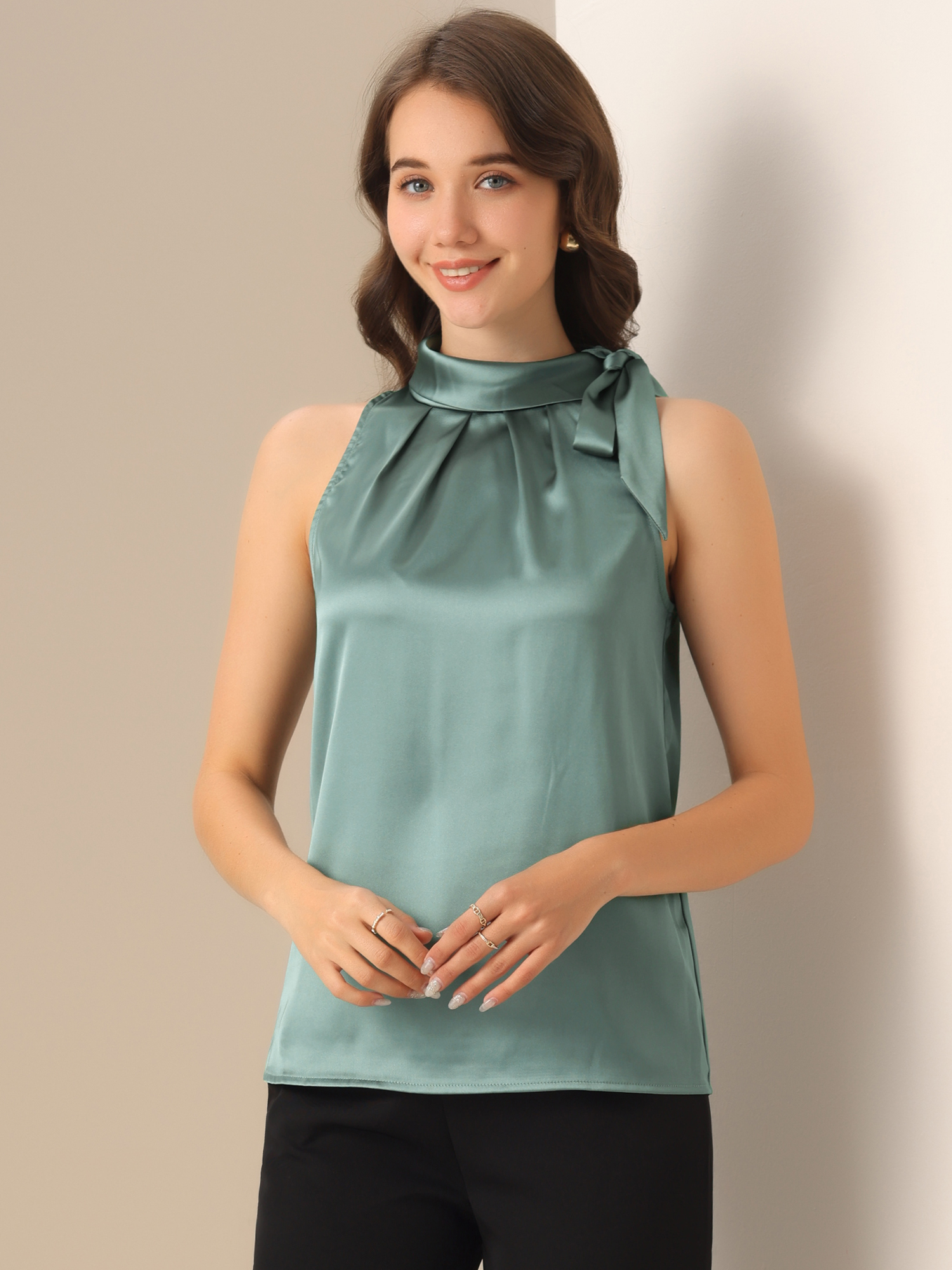Elegant Satin Sleeveless Tie Knot Mock Neck Solid Work Blouse Top Grey Green/XS