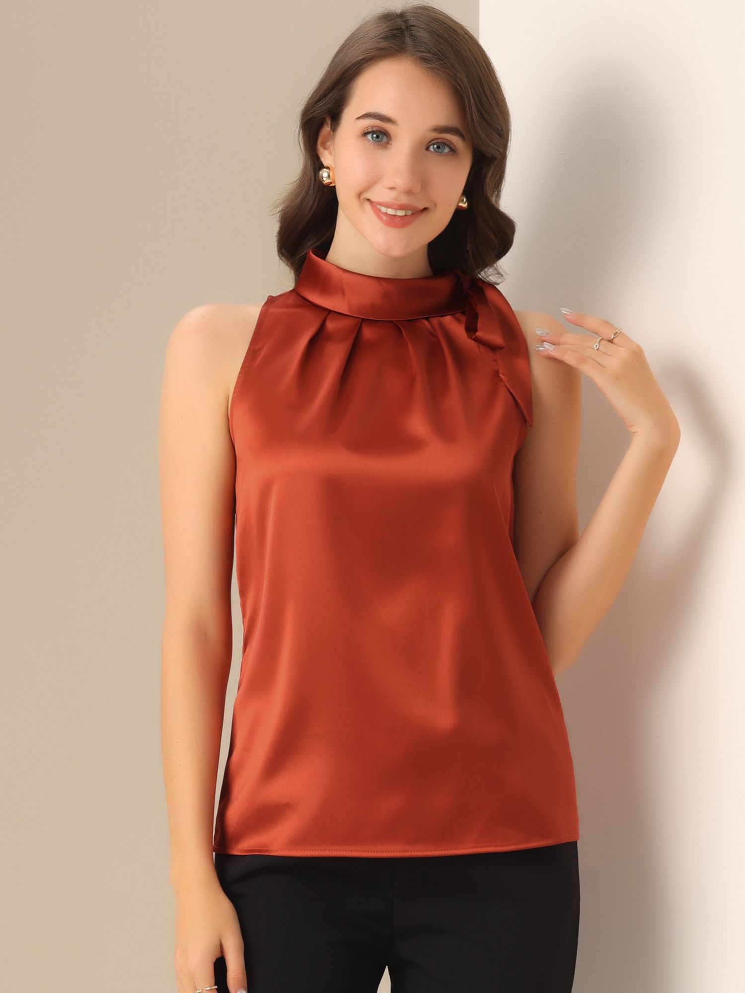 Elegant Satin Sleeveless Tie Knot Mock Neck Solid Work Blouse Top Rust Red/XS
