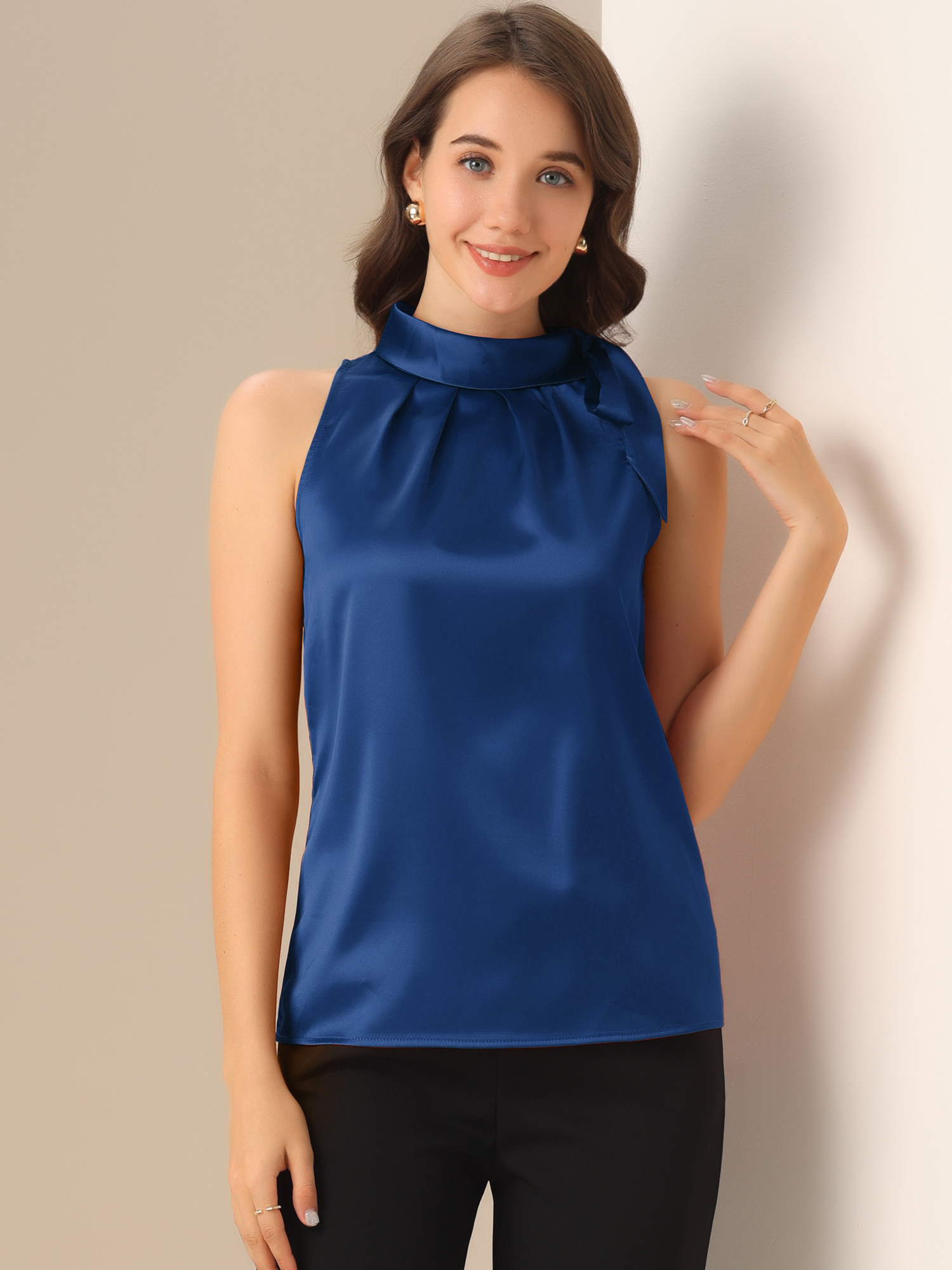 Elegant Satin Sleeveless Tie Knot Mock Neck Solid Work Blouse Top Navy Blue/L