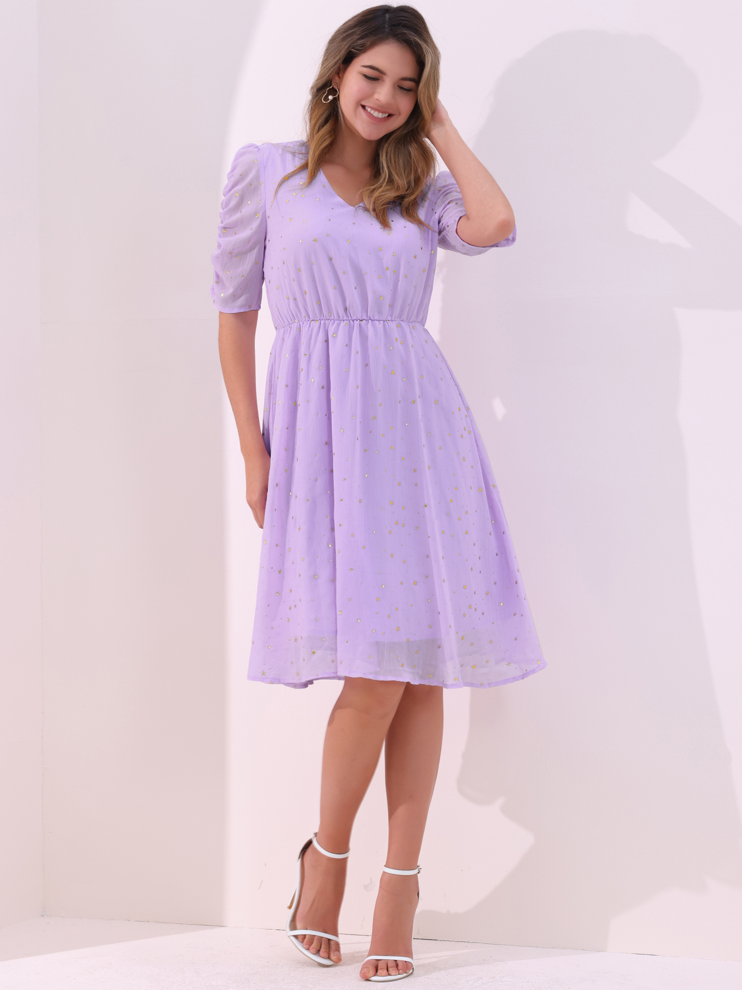 Metallic Stars Ruched Sleeve V Neck A-line Chiffon Dress Purple/XS