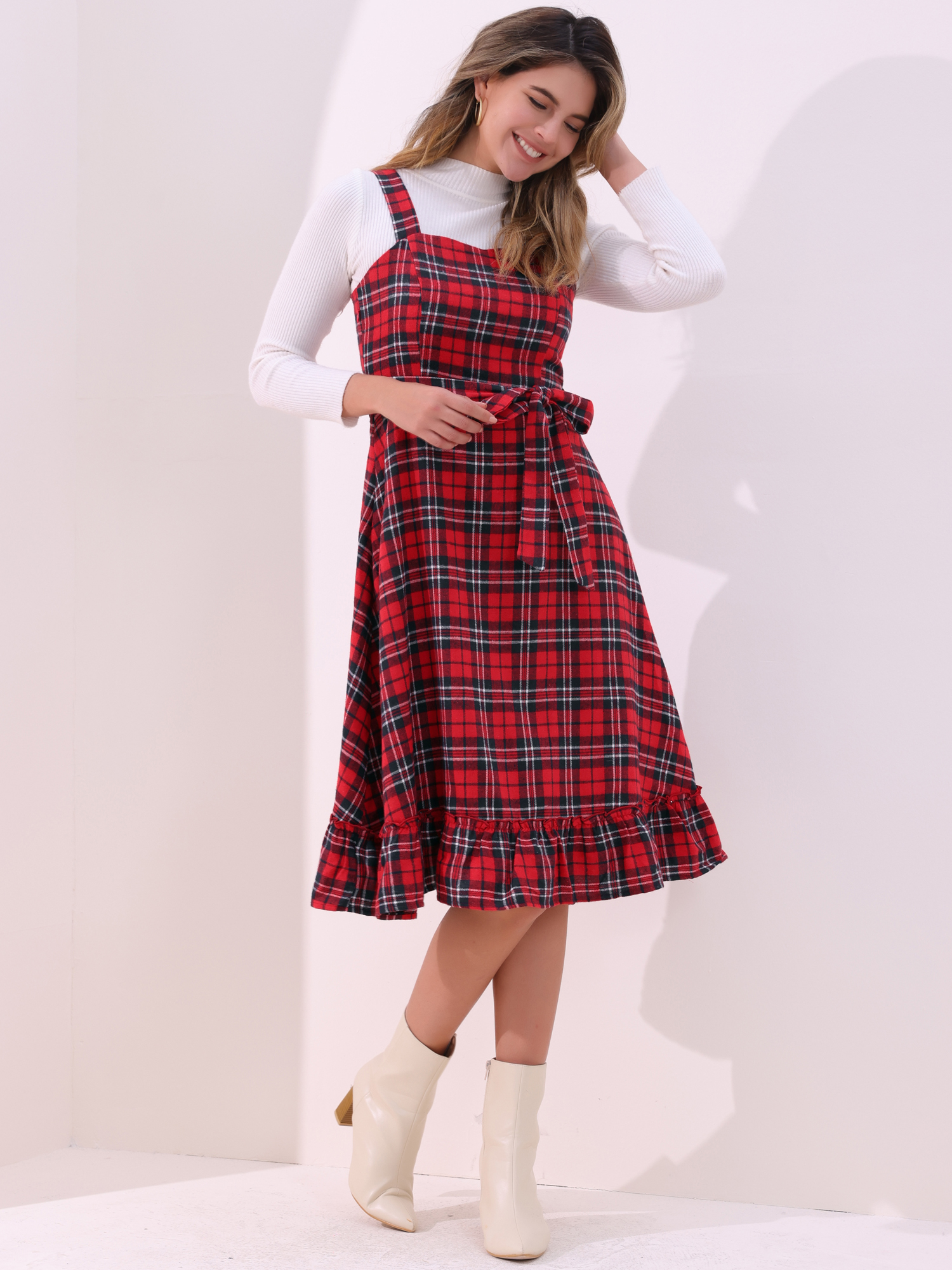Plaid Ruffled Sleeveless Tie Waist A-Line Pinafore Overall Dress Red/XL