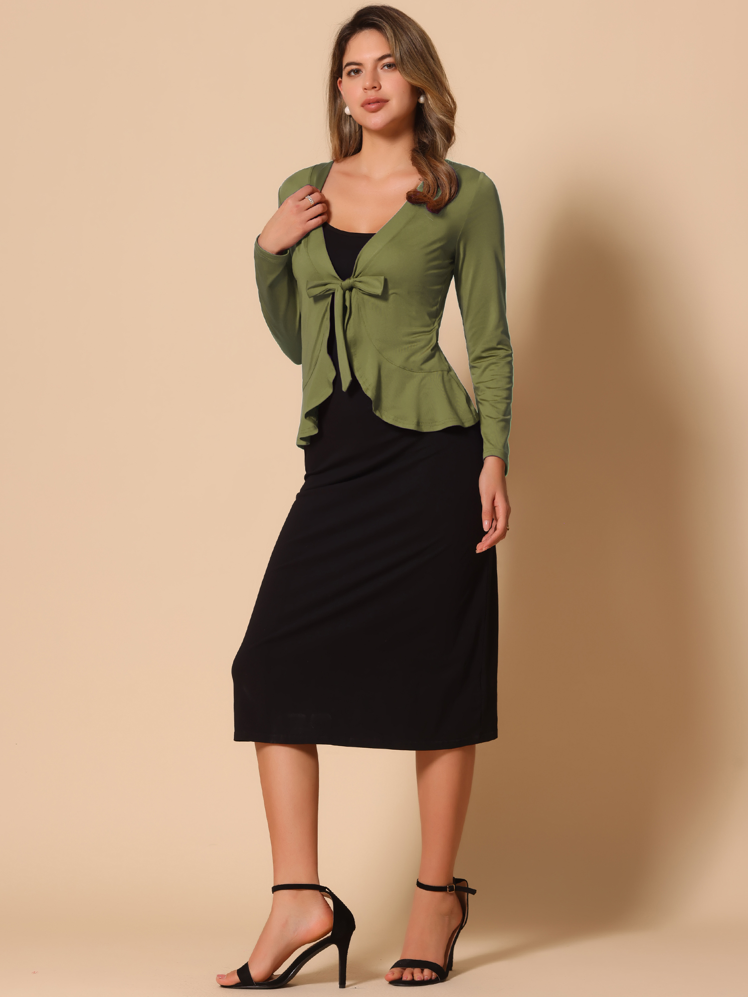 Women's Tie Front Knit Ruffled Long Sleeve Open Cardigan Olive Green/XL