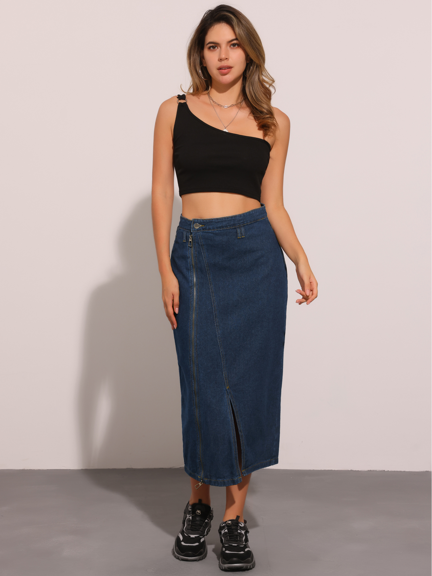 Pocketed Denim Zipper Front Split Maxi Jean Skirt Deep Blue/M