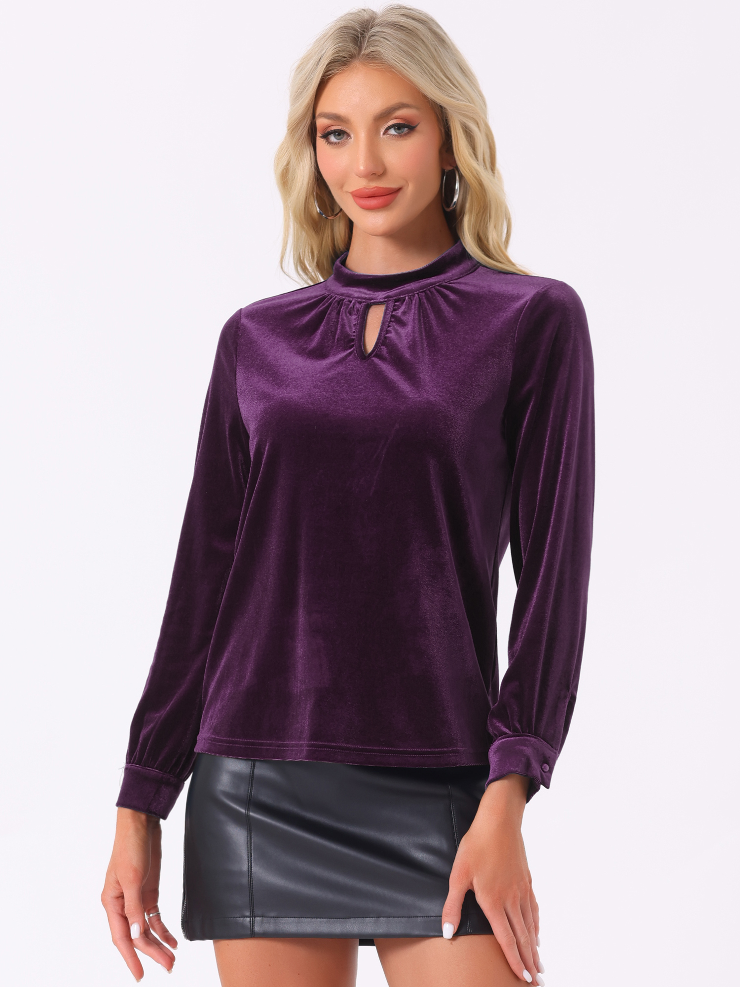 Velvet Long Sleeve Keyhole Elegant Casual Blouse Purple/XS