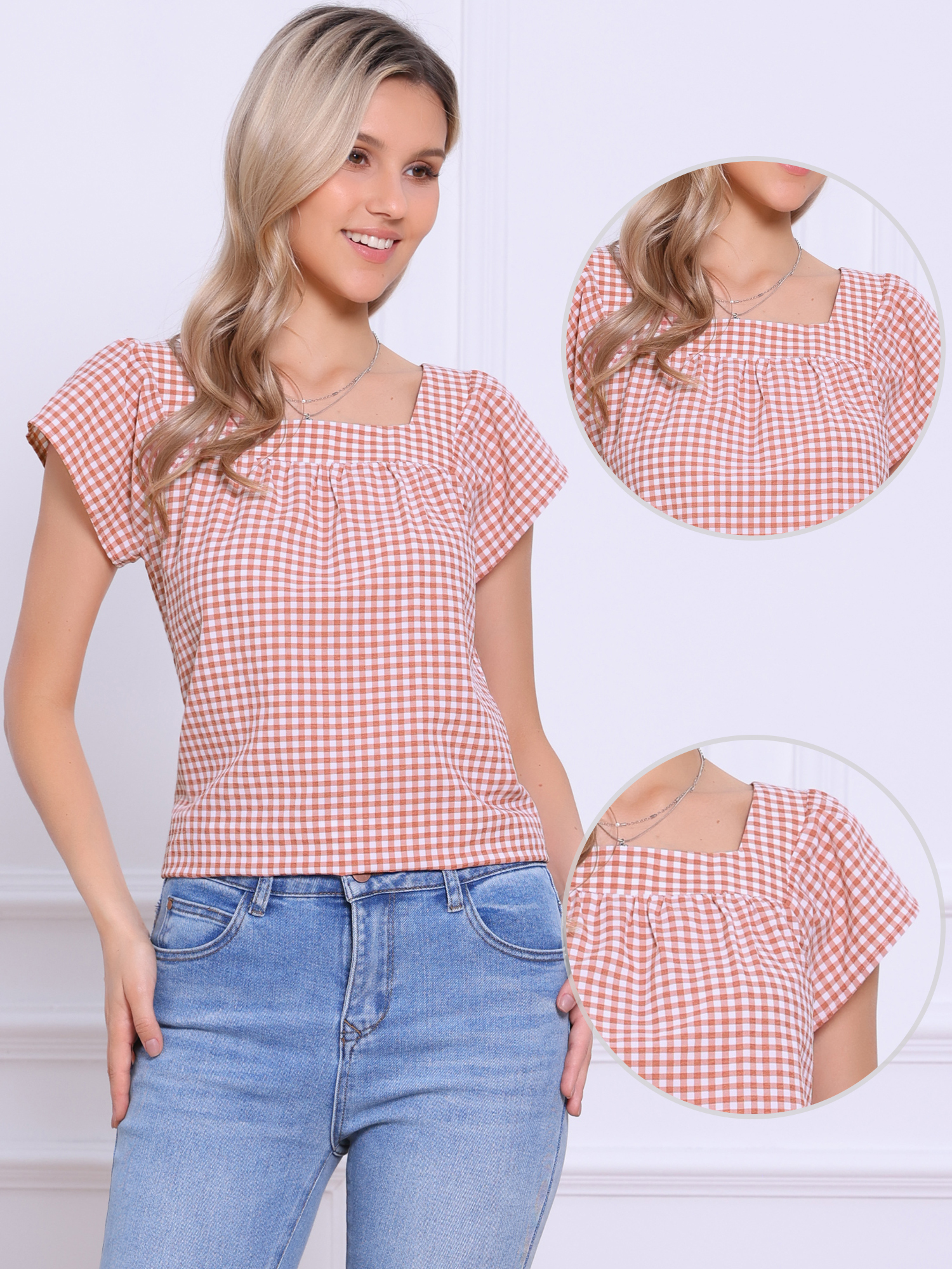 Square Neck Short Sleeves Gingham Plaid Blouse Cameo Brown/S