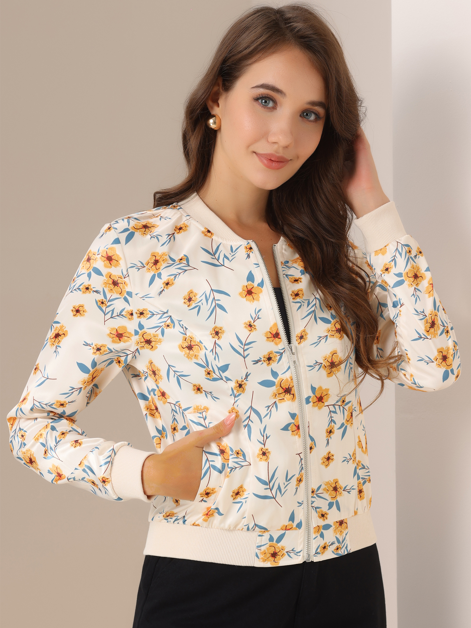 Stand Collar Zip Up Floral Print Bomber Jacket Apricot Blue/XL