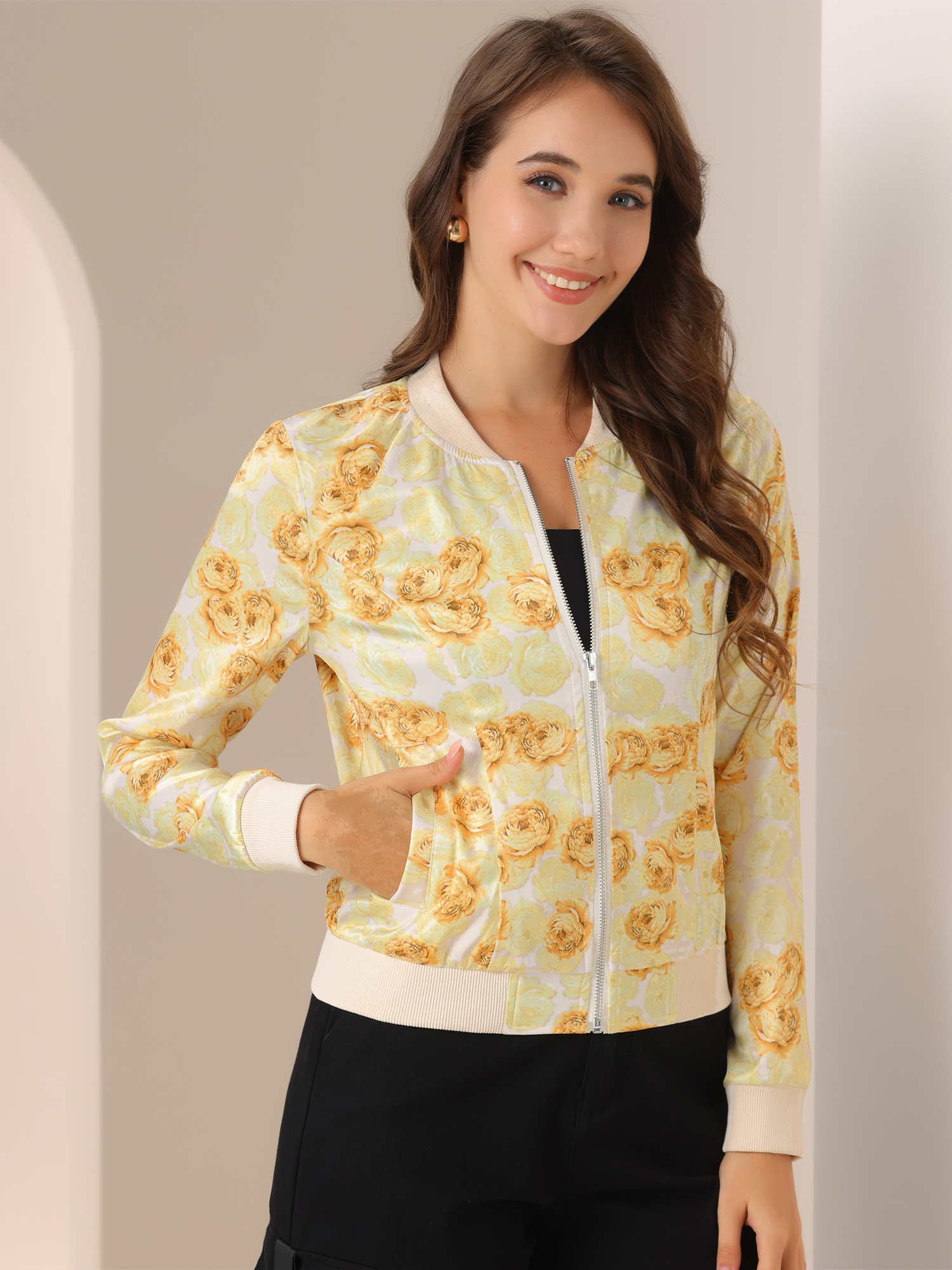 Stand Collar Zip Up Floral Print Bomber Jacket Yellow/S
