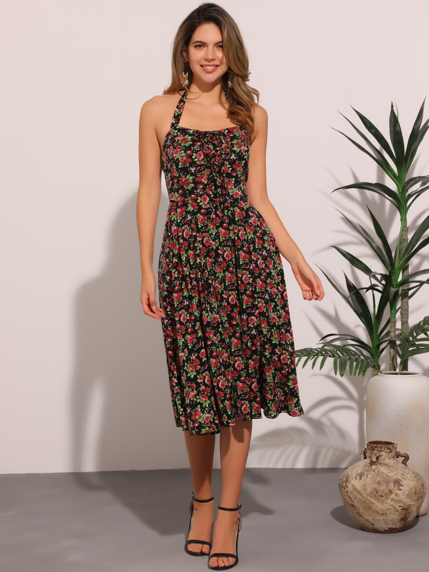 Halter Neck Floral Summer Sundress Sleeveless Lace Up Midi Dress Black Rose/S