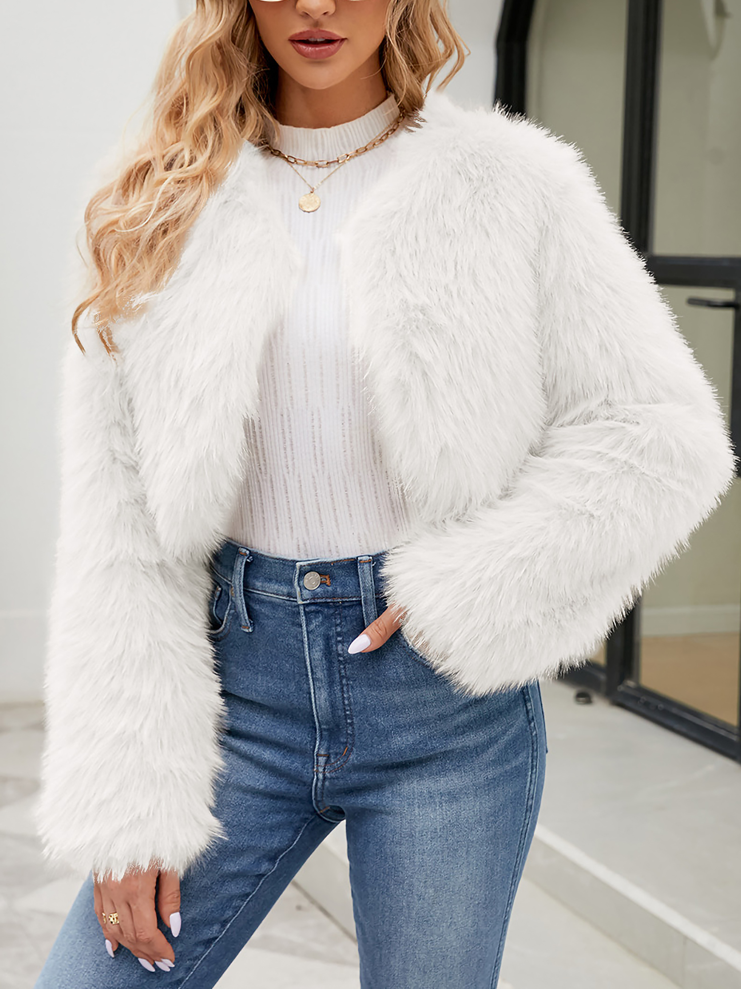Long Sleeves Open Front Cropped Faux Fur Jacket White/L