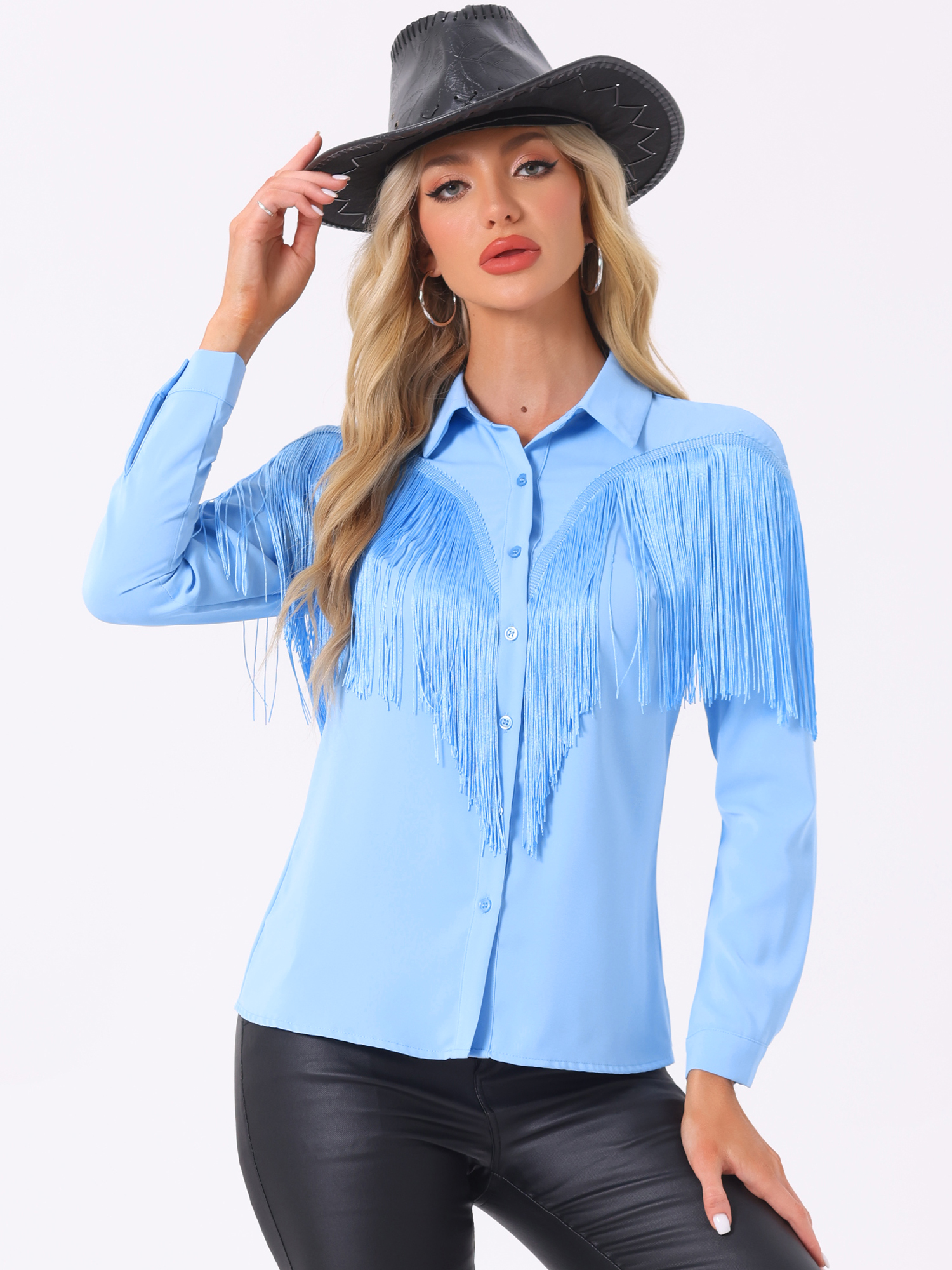 Glitter Fringe Long Sleeve Button Down Disco Party Cowgirl Blouse Sky Blue/L