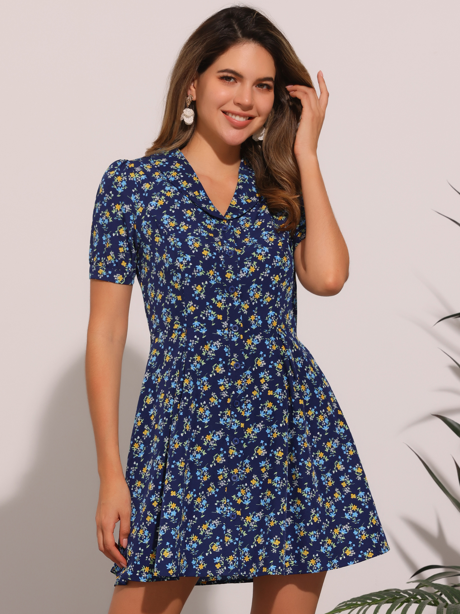 Floral V Neck Short Sleeve Button Front Summer Shirt Dress Dark Blue/L