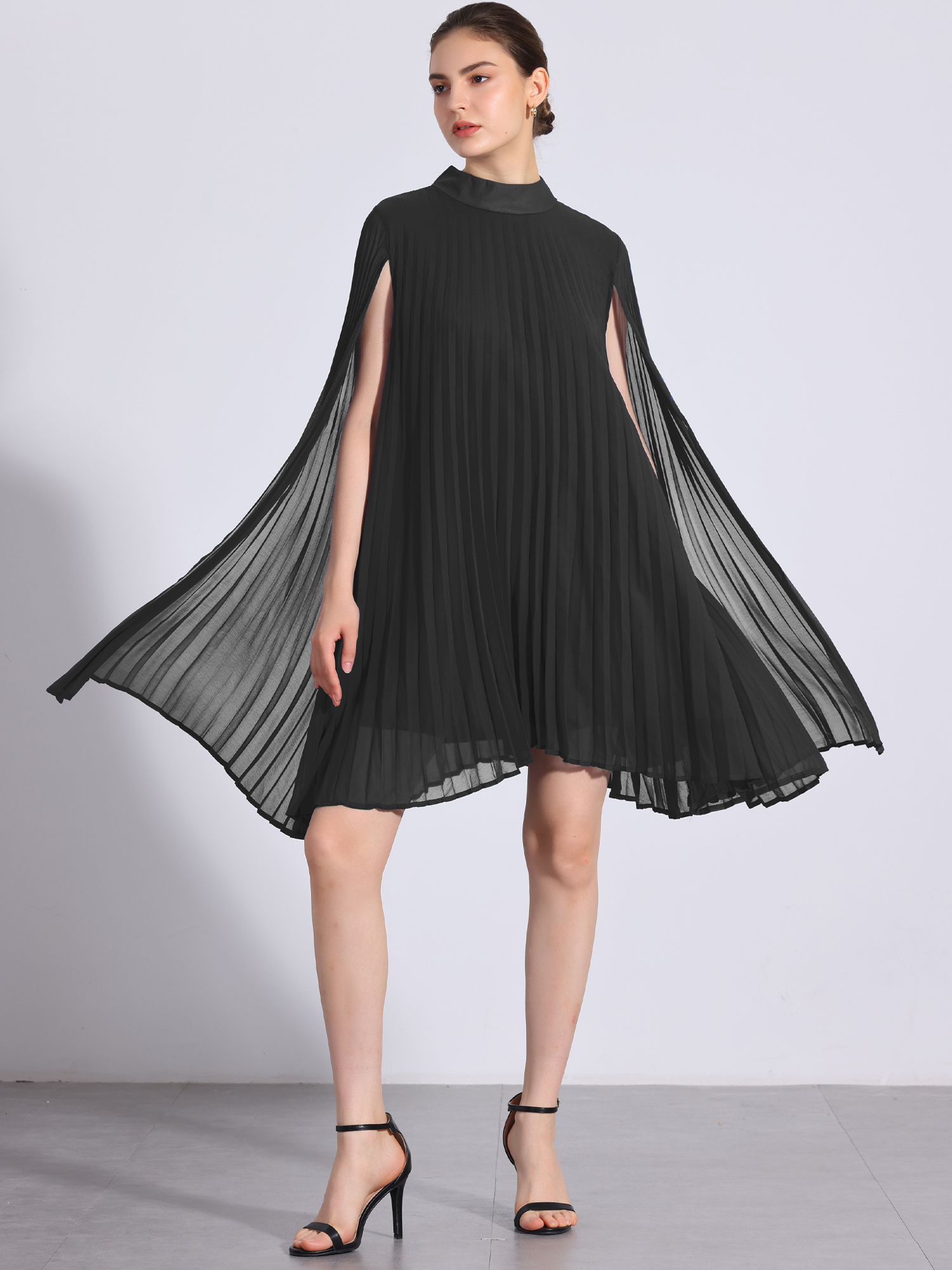 Loose Flowy Cloak Sleeve Cape Pleated Chiffon Mini Dress Black/2XL