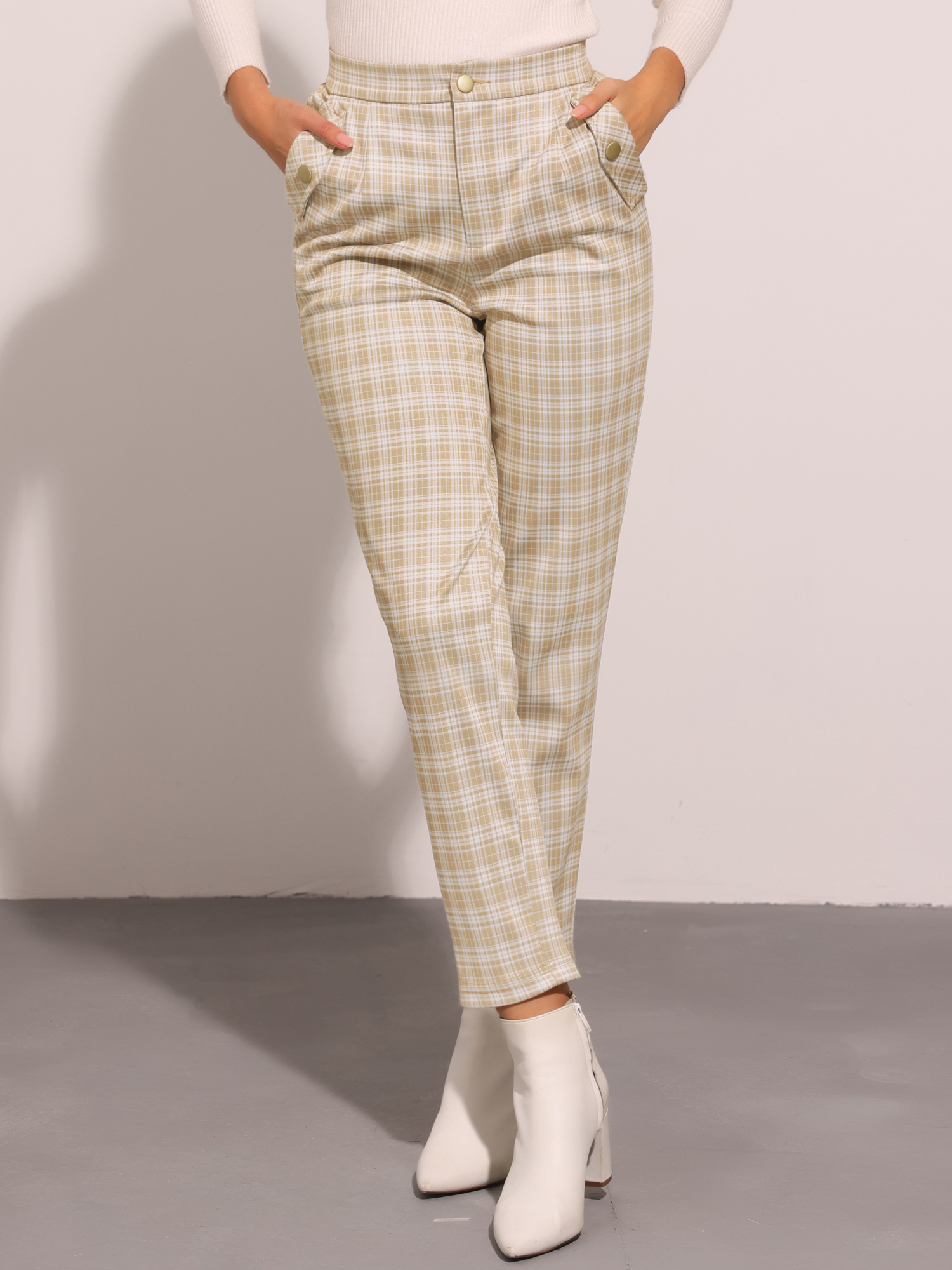 Vintage Tartan Plaid Pants Elastic Waist Straight Long Trousers Khaki/XL