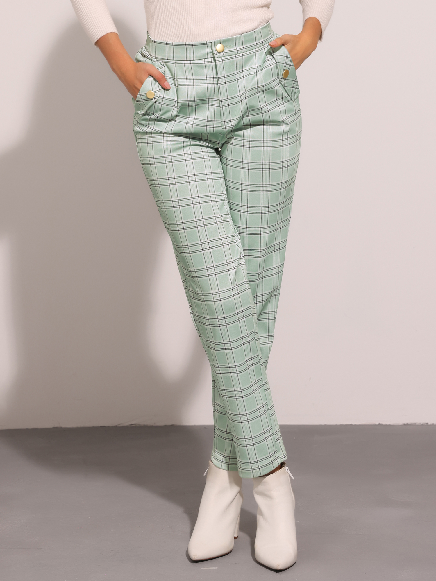 Vintage Tartan Plaid Pants Elastic Waist Straight Long Trousers Light Green/M
