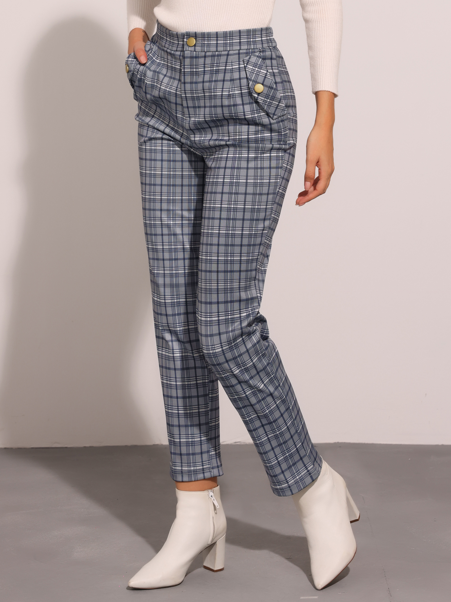 Vintage Tartan Plaid Pants Elastic Waist Straight Long Trousers Grey Blue/S