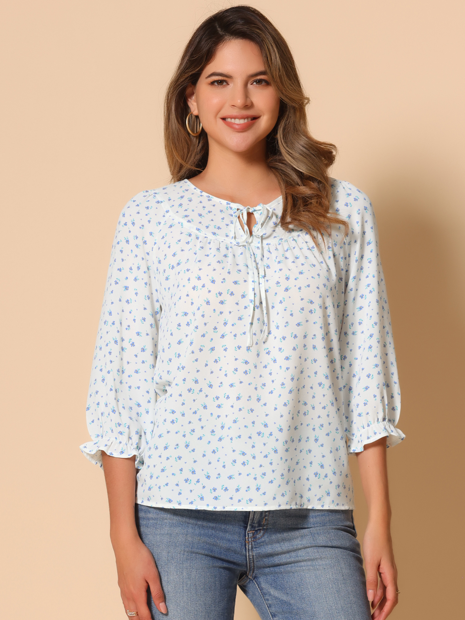 Floral Tops Bow Tie Neck Vintage 3/4 Sleeve Blouse White Blue/M