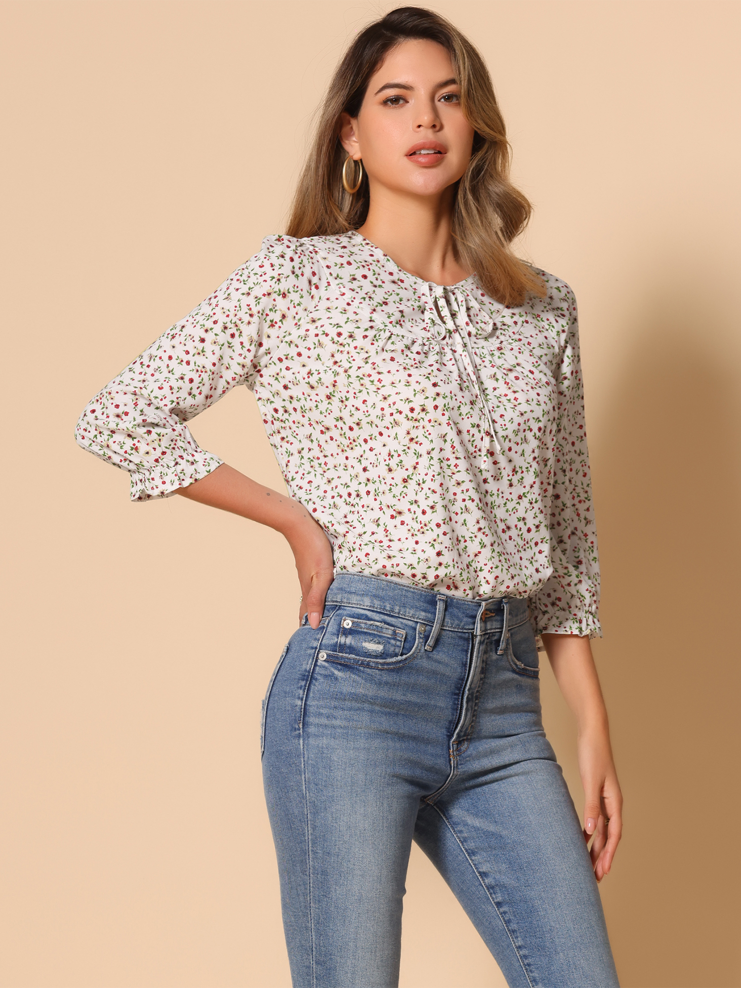 Floral Tops Bow Tie Neck Vintage 3/4 Sleeve Blouse Beige Red/L