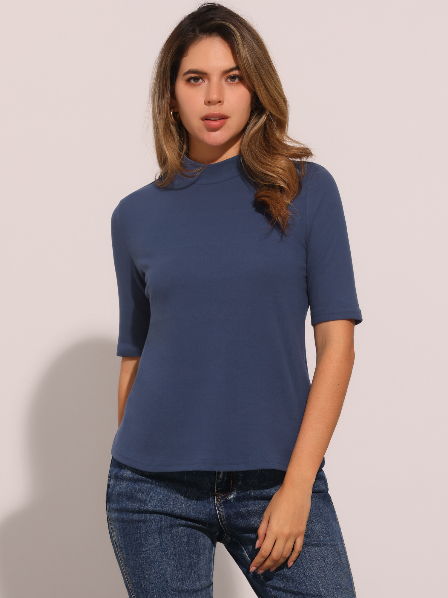 Mock Neck Solid Color Short Sleeves Casual T-shirts Gray Blue/XL