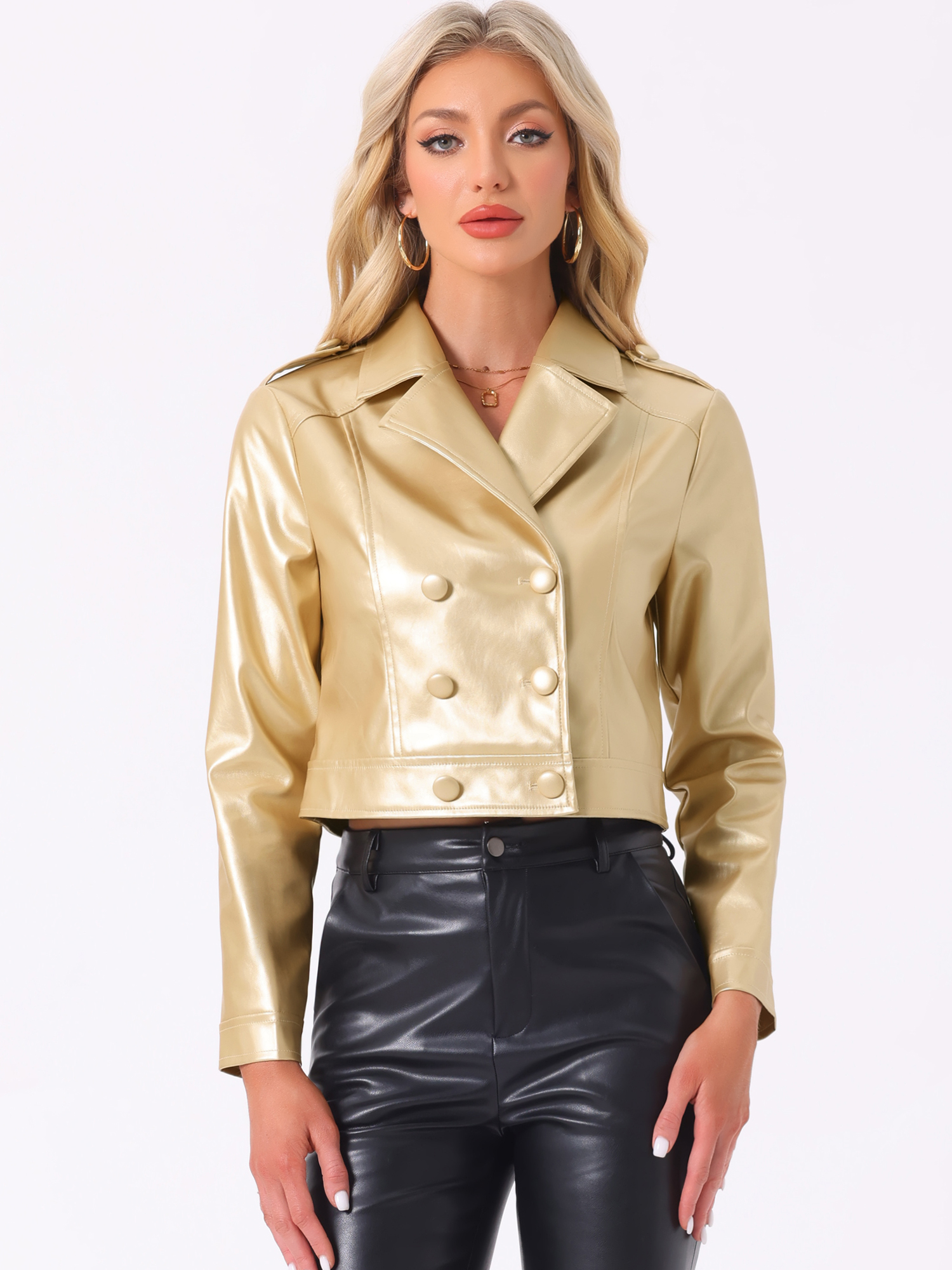 Double-breasted Button Notch Lapel Y2K Metallic Long Sleeve Jackets Golden/M