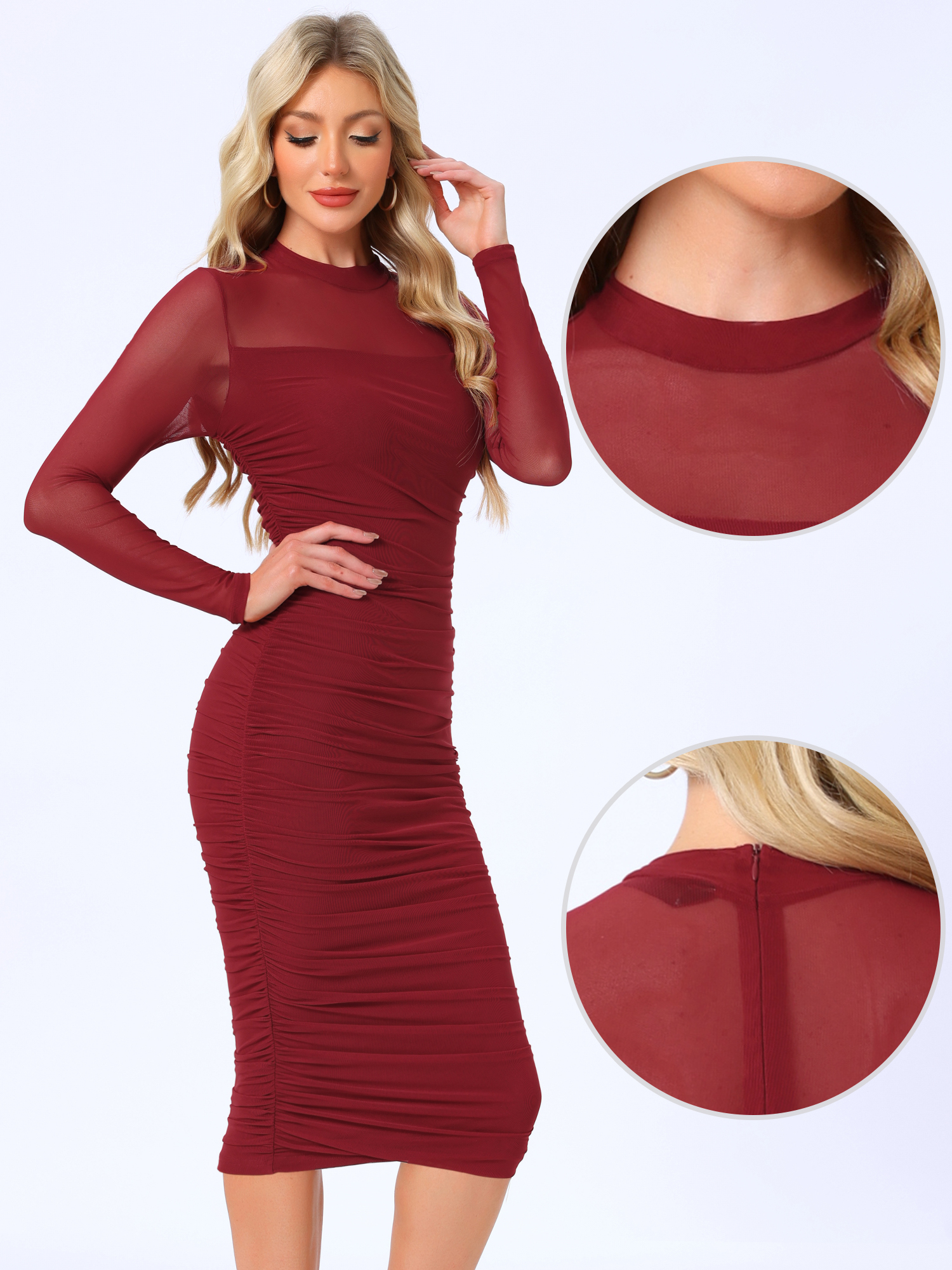 Mesh Sheer Mock Neck Ruch Cocktail Bodycon Midi Dress Dark Red/XS