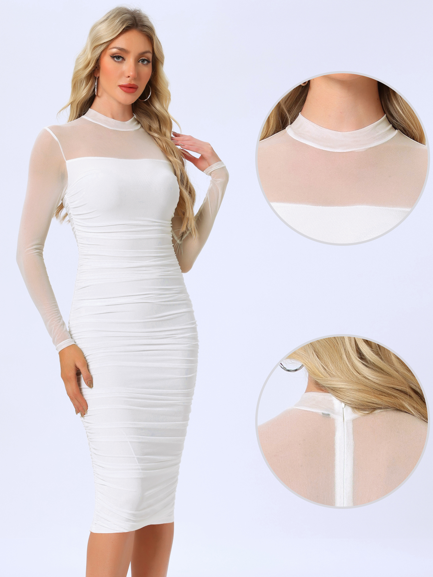 Mesh Sheer Mock Neck Ruch Cocktail Bodycon Midi Dress White/L