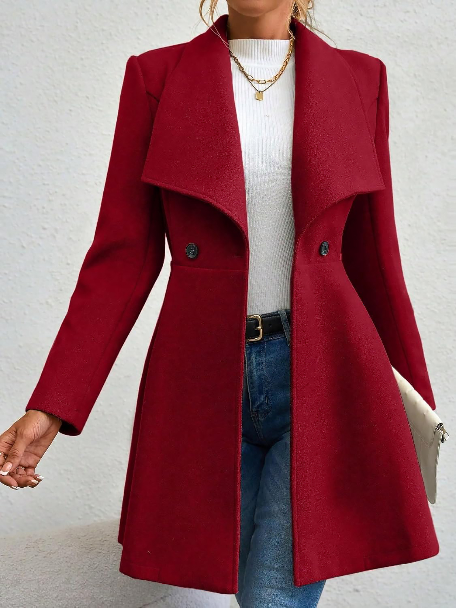 Lapel Long Sleeves Bouble Breasted Peplum Coat Red/L
