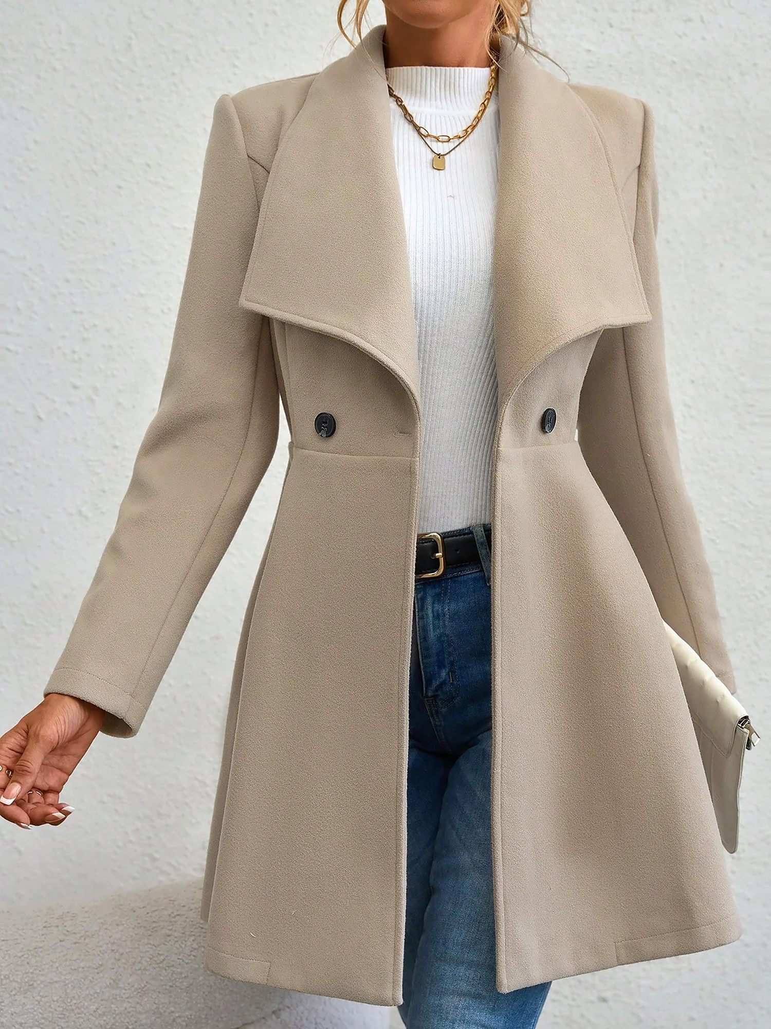 Lapel Long Sleeves Bouble Breasted Peplum Coat Khaki/S