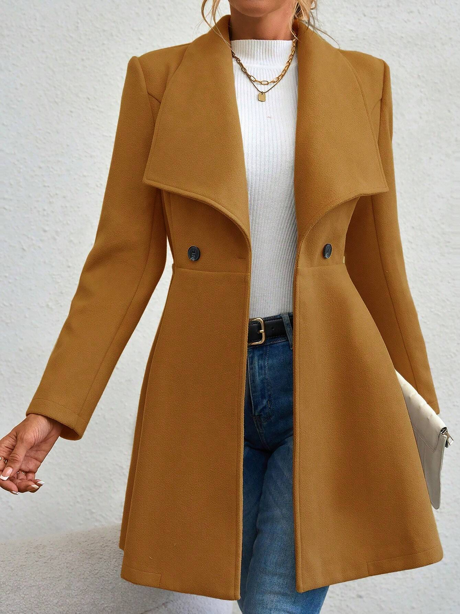 Lapel Long Sleeves Bouble Breasted Peplum Coat Camel/XL