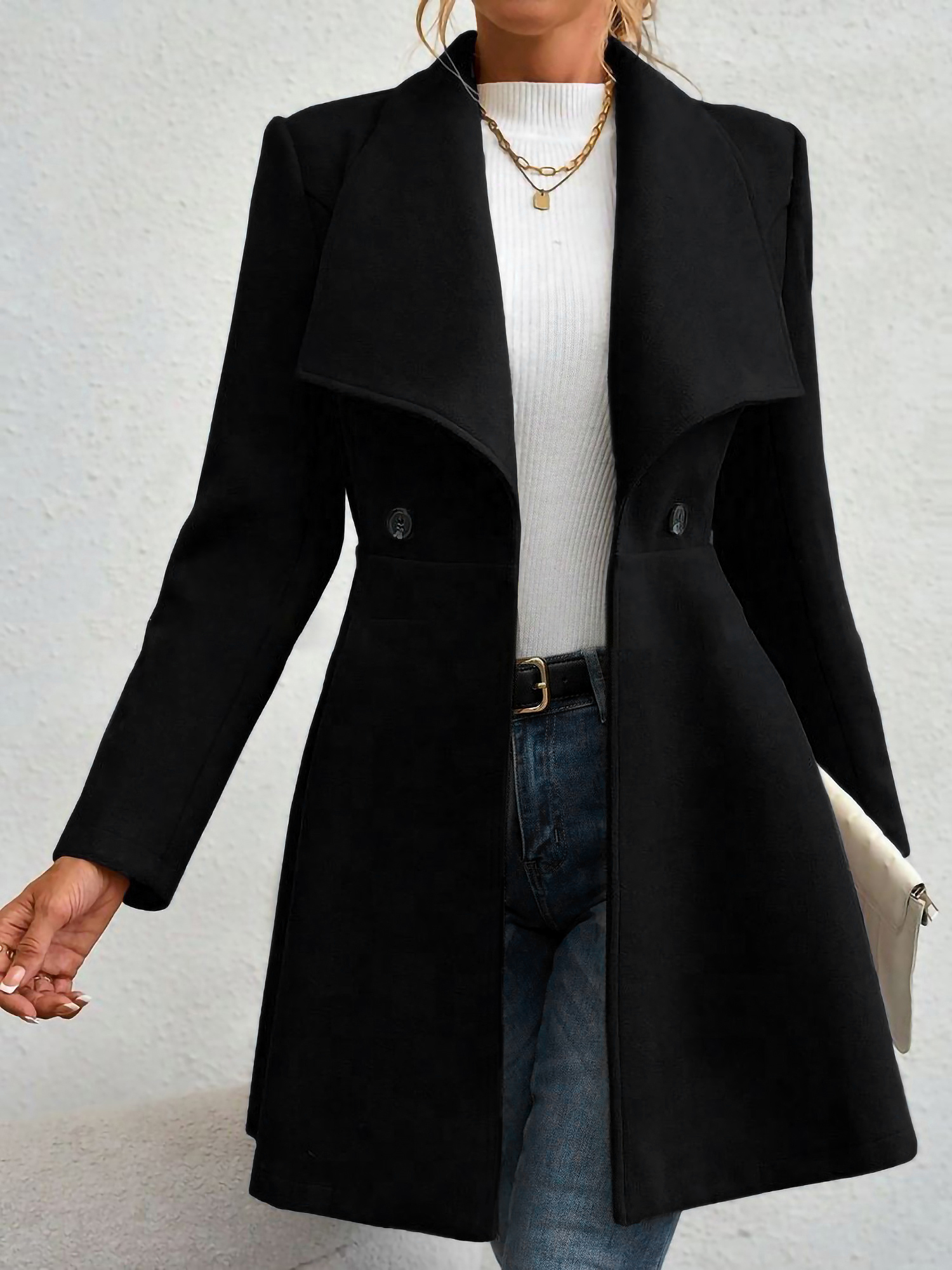 Lapel Long Sleeves Bouble Breasted Peplum Coat Black/S