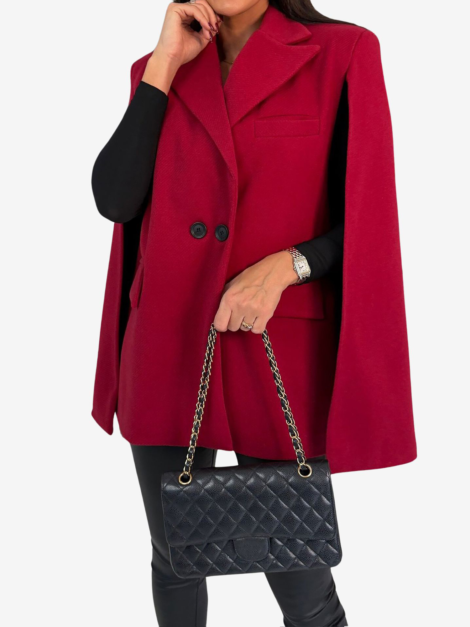 Solid Color Loose Fitting Notched Lapel Cape Coat Red/S