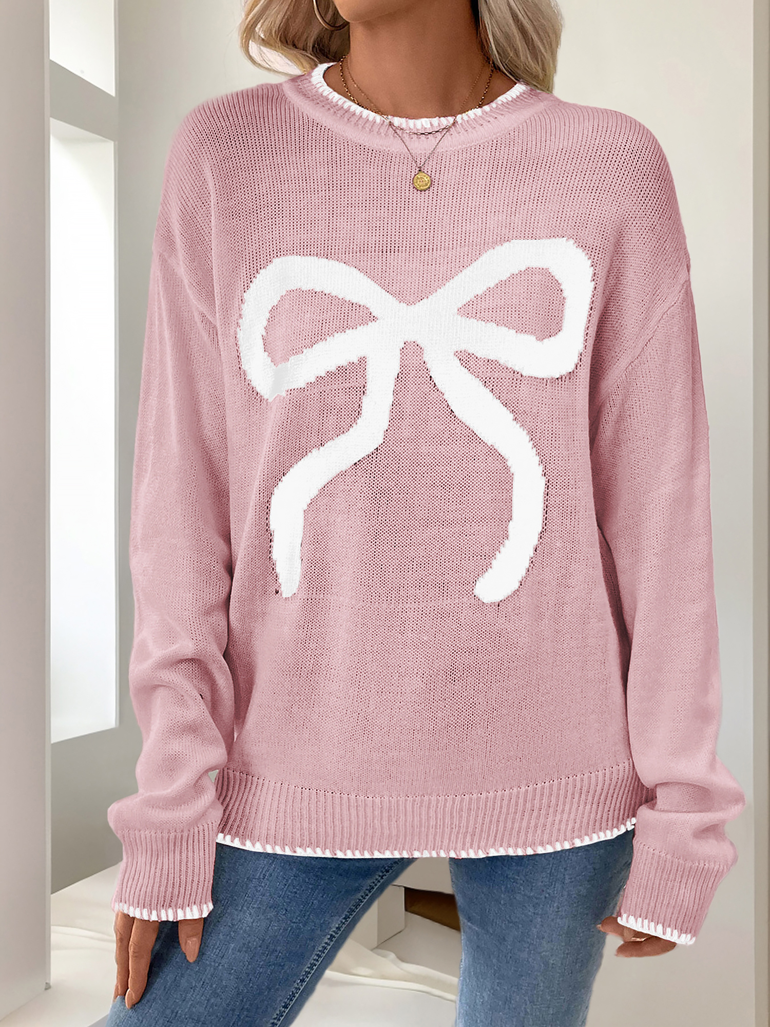 Loose Long Sleeve Round Neck Christmas Bow Sweater Pink/L