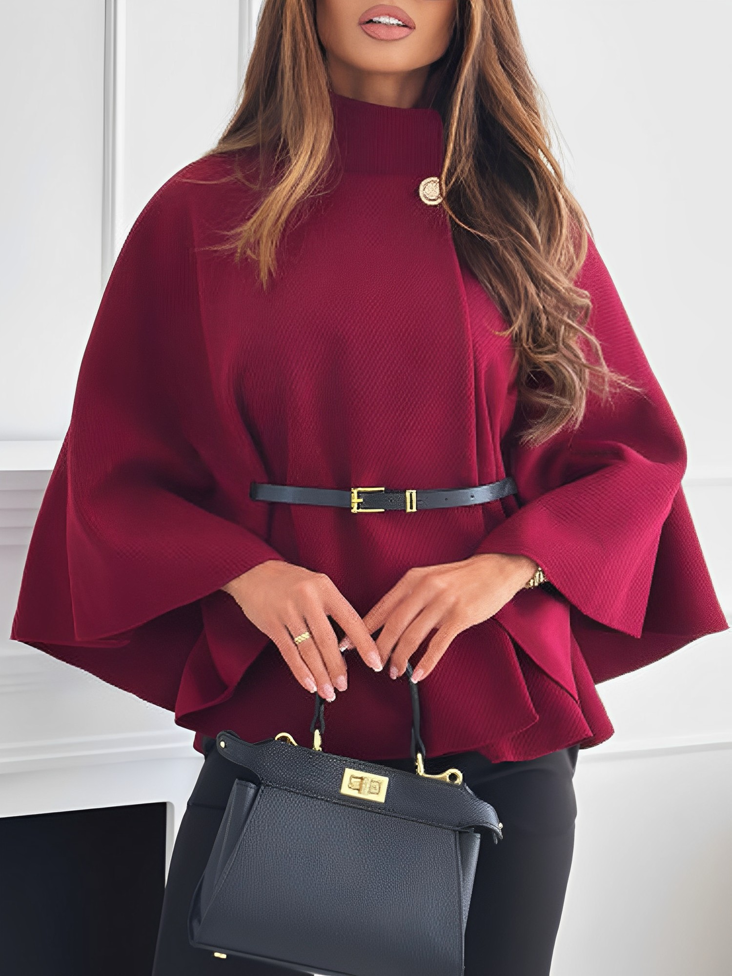 Mock Neck Belted Solid Color Cape Coat Burgundy/S