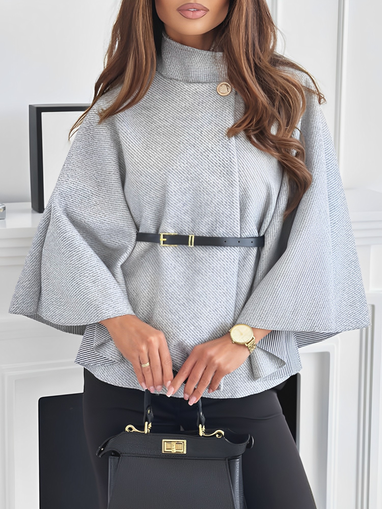 Mock Neck Belted Solid Color Cape Coat Grey/M