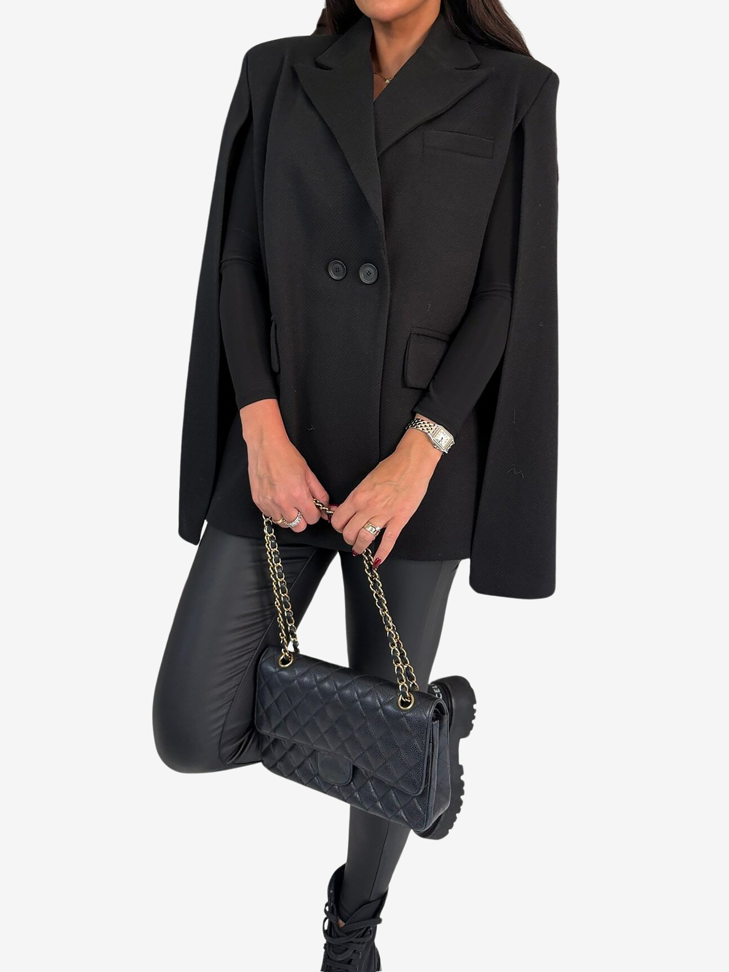 Solid Color Loose Fitting Notched Lapel Cape Coat Black/M