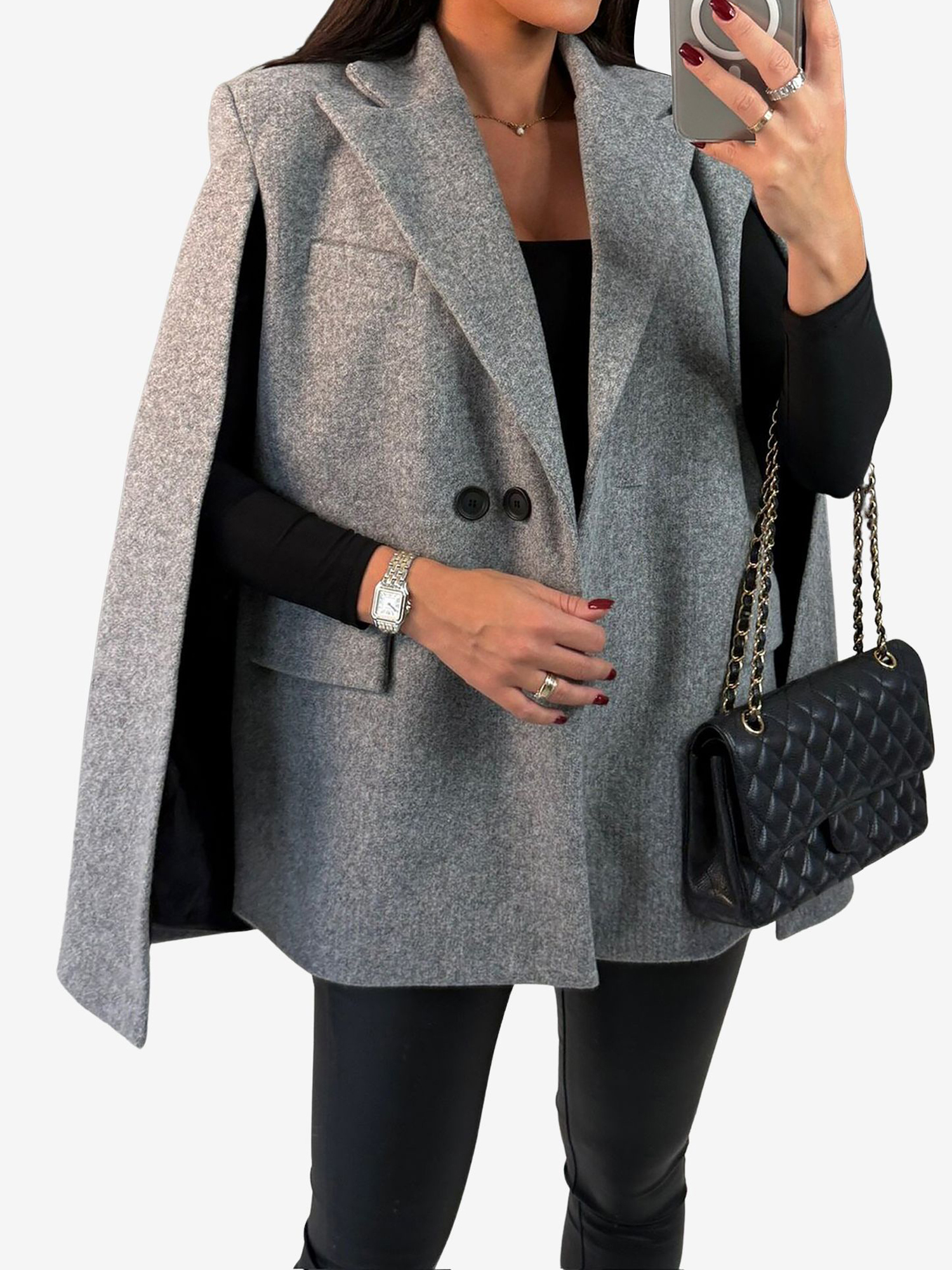 Solid Color Loose Fitting Notched Lapel Cape Coat Grey/S