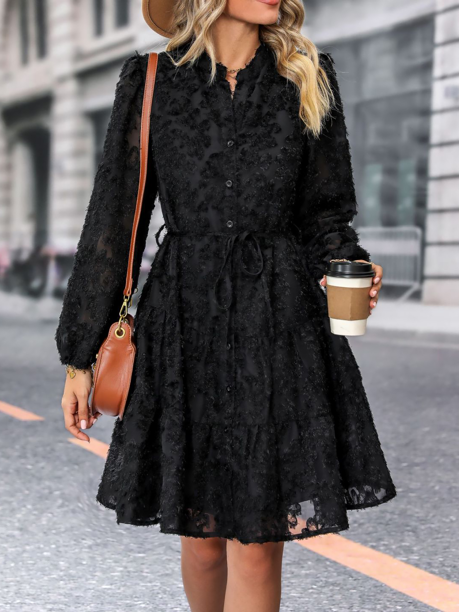 Long Sleeves Textured Button Down Tiered Shirt Dress Black/M