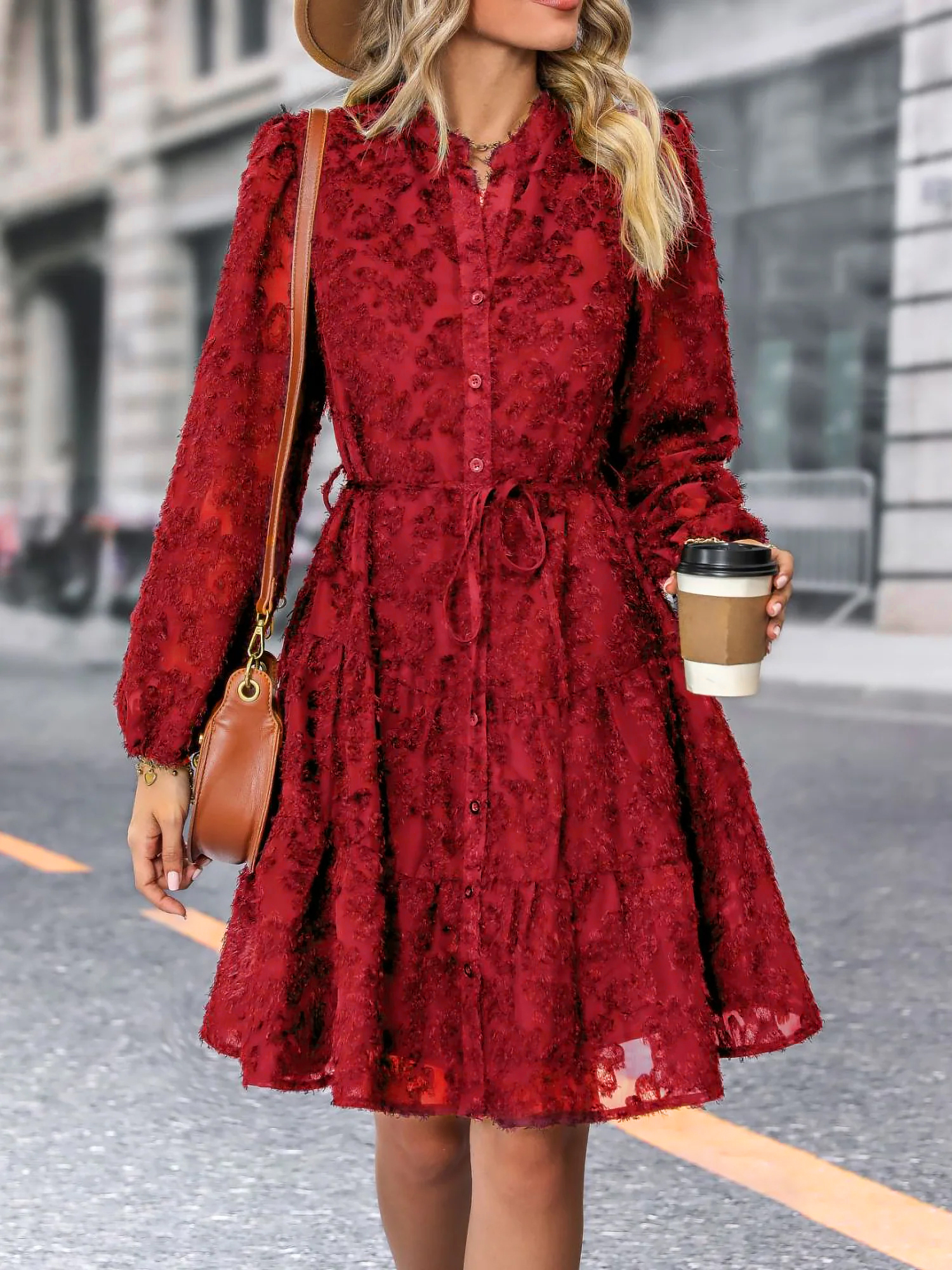 Long Sleeves Textured Button Down Tiered Shirt Dress Burgundy/L