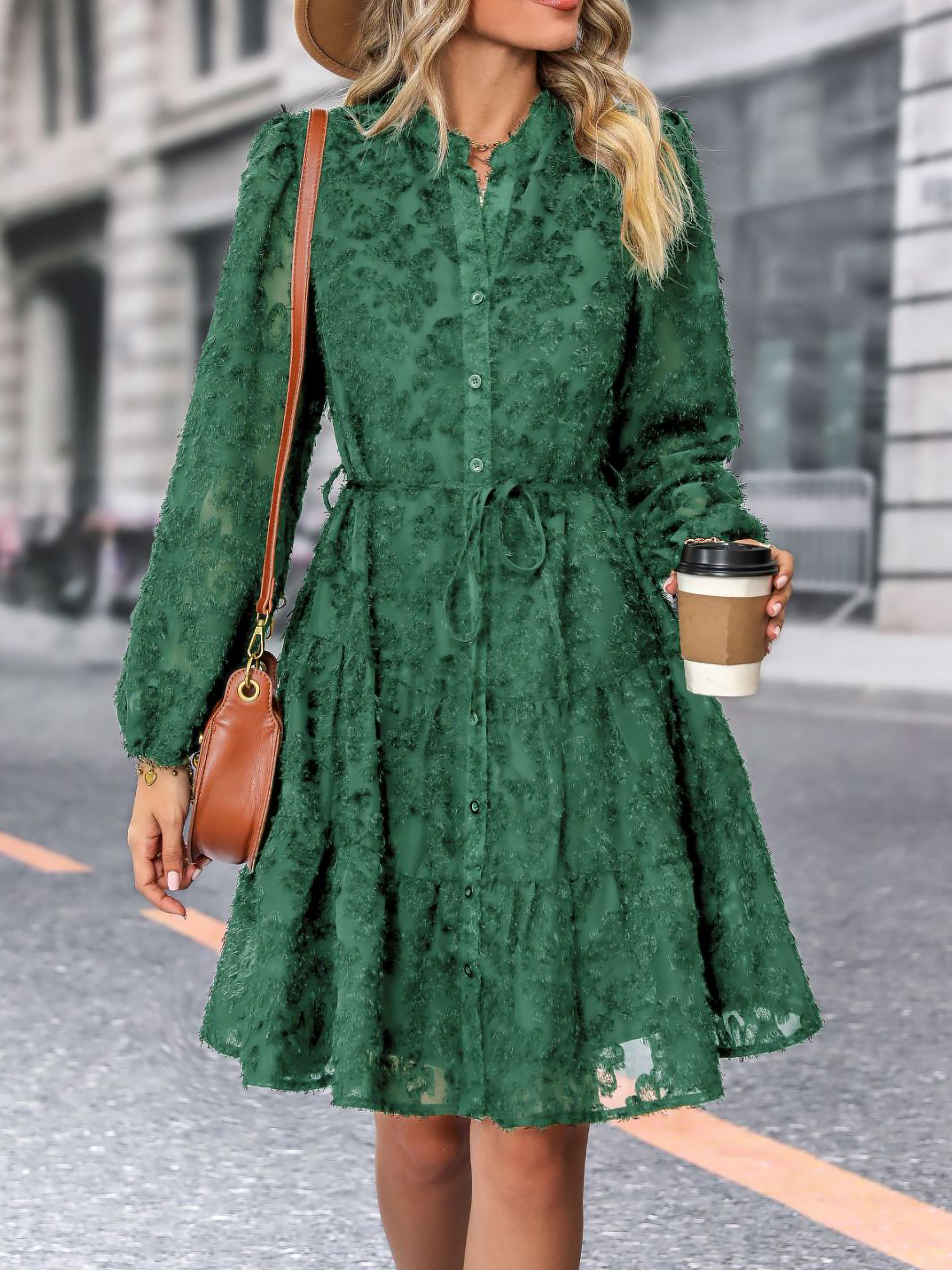 Long Sleeves Textured Button Down Tiered Shirt Dress Dark Green/L