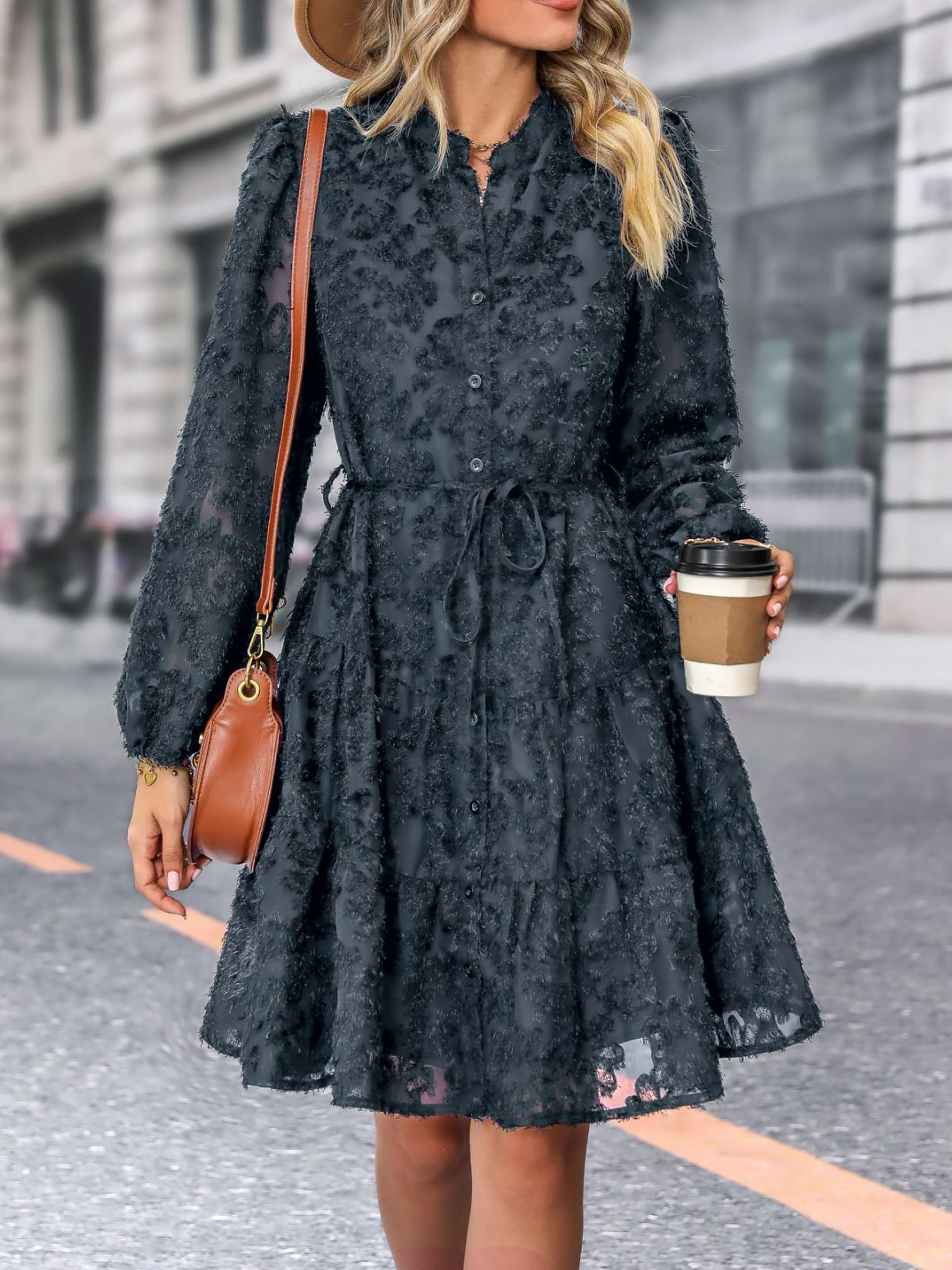 Long Sleeves Textured Button Down Tiered Shirt Dress Navy Blue/S