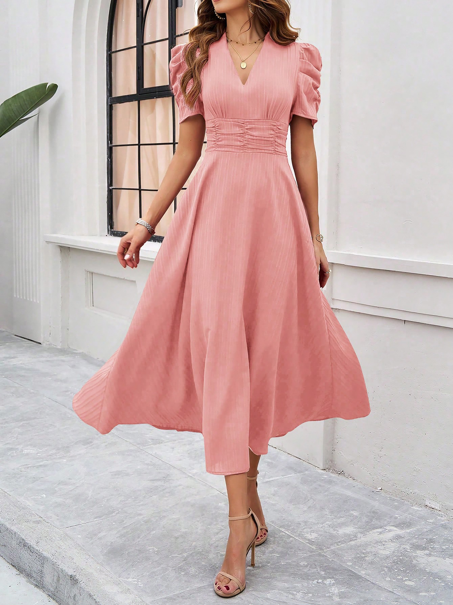 Textured Puff Short Sleeve Ruched Midi A-Line Dress Raised Fabric Cinched Waist and Casual-Chic Design Pink/S