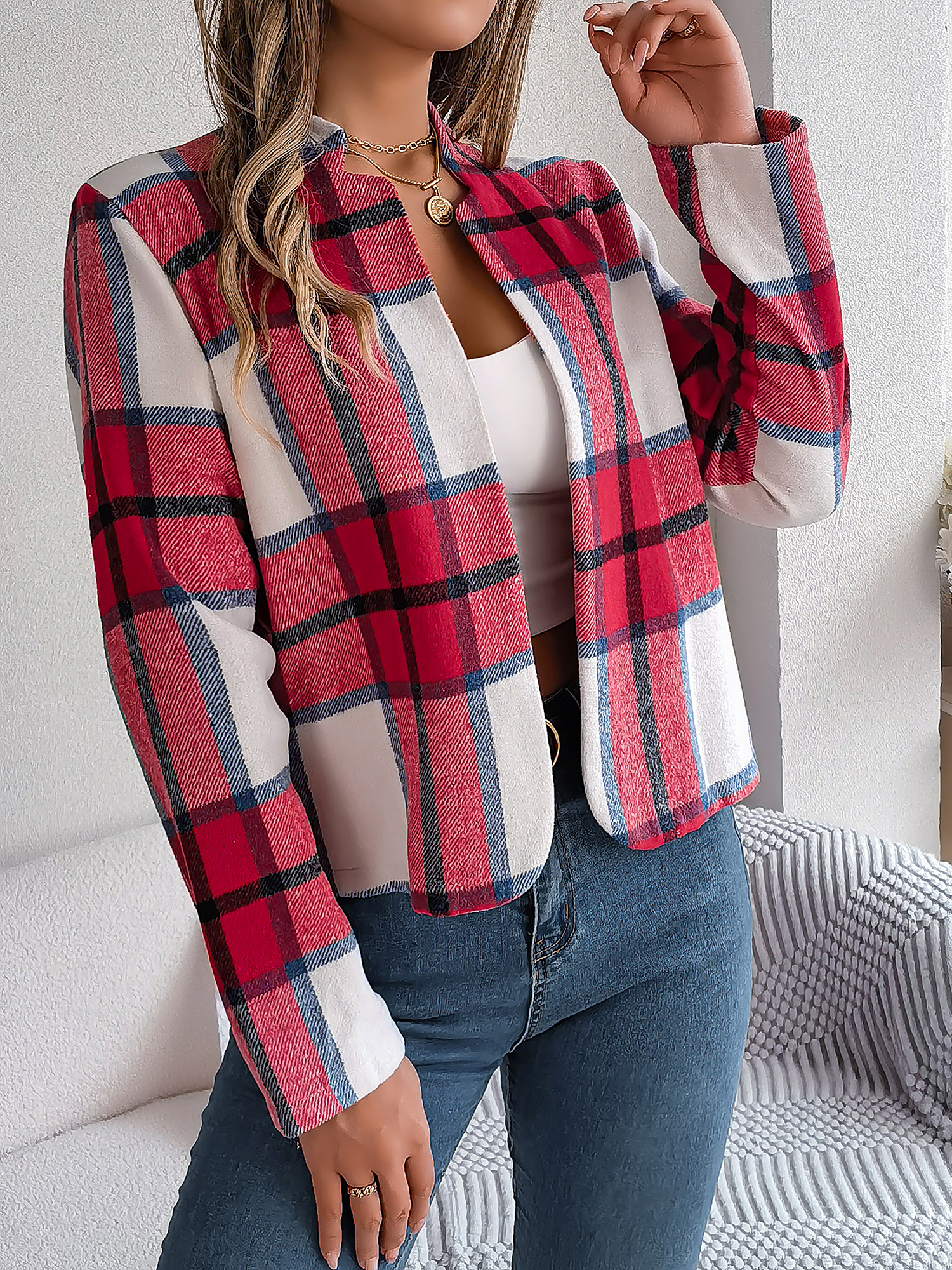Plaid Long Sleeves Open Front Cropped Jacket Red/L