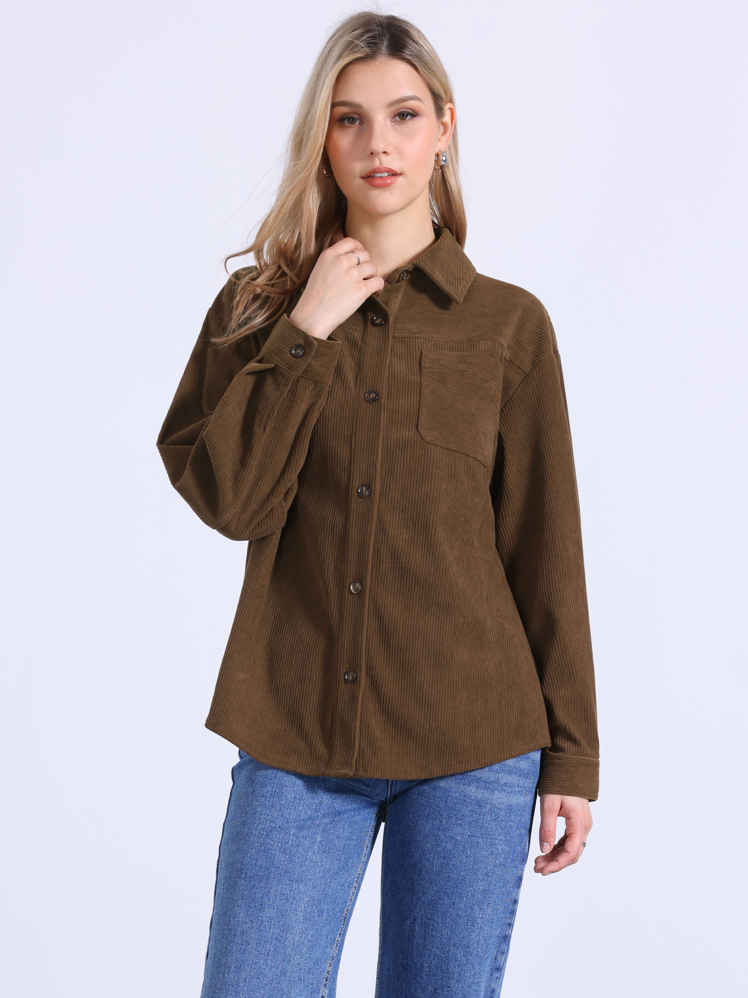 Corduroy Button Up V Neck Shacket Shirts Brown/XS