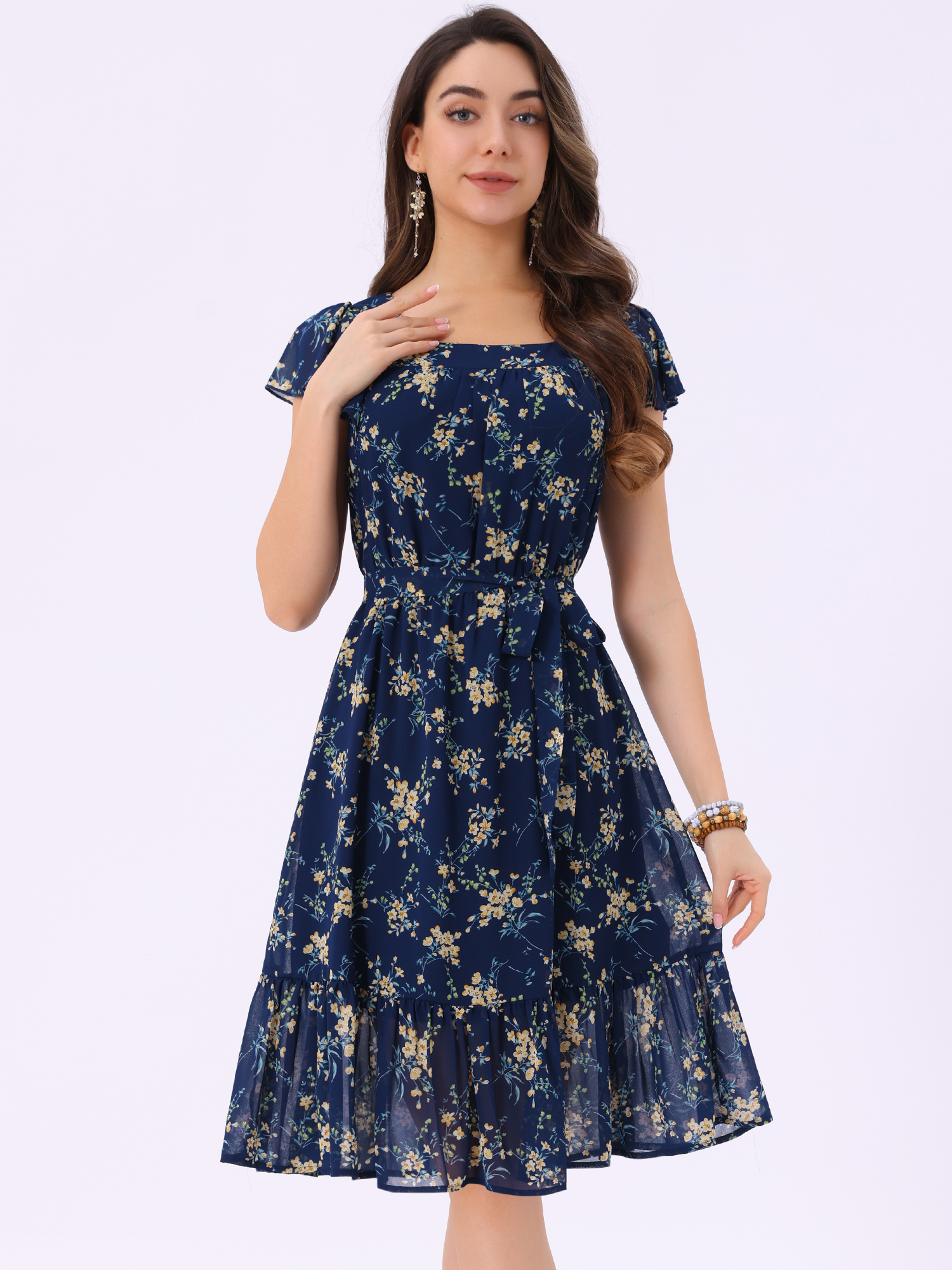 Floral Chiffon Flutter Sleeve Belted Square Neck Ruffled Hem Dress Blue/M