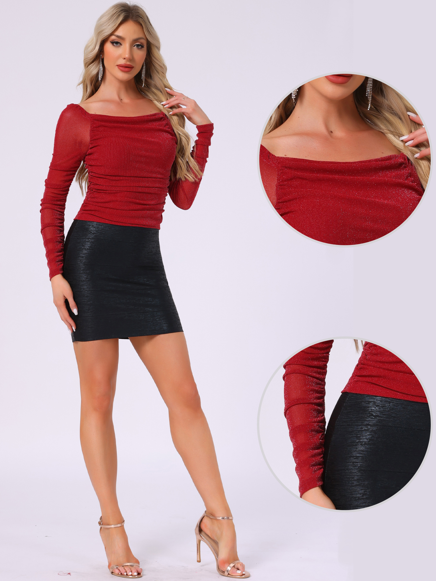 Ruched Square Neck Long Sleeve Mesh Glitter Blouse Dark Red/L