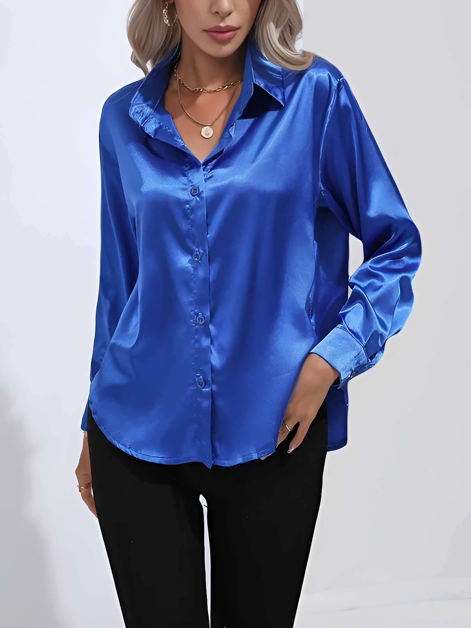 Versatile Collared Satin Solid Color Button Front Lapel Adjustable Cuffs Shirt Royal Blue/L
