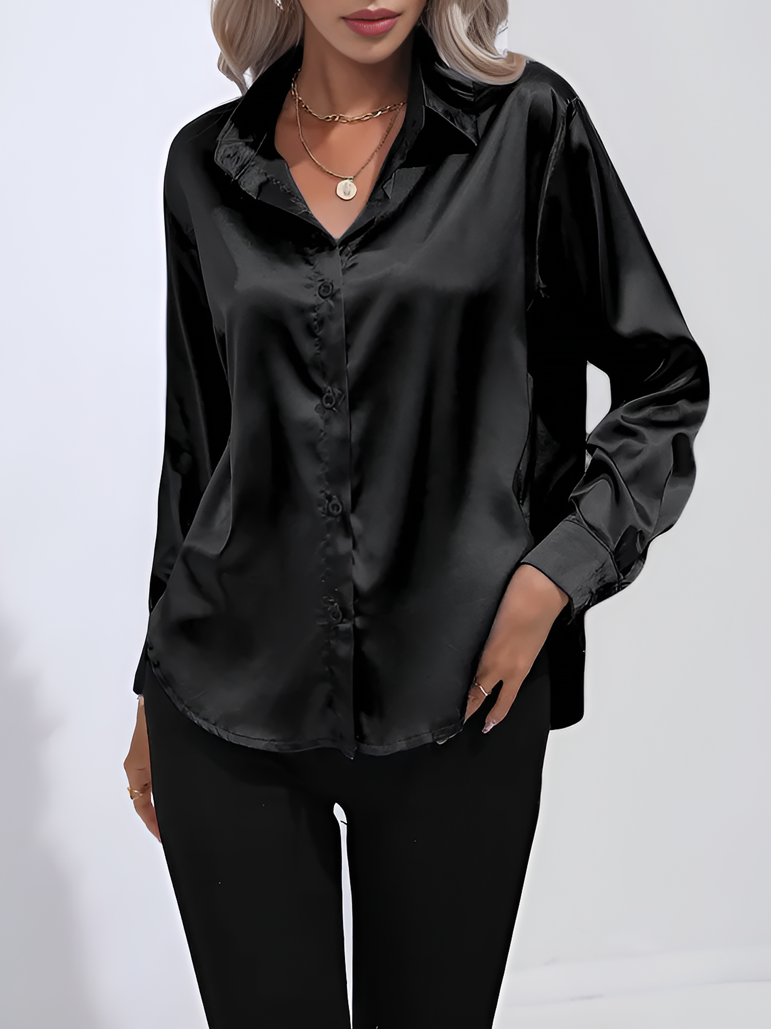 Versatile Collared Satin Solid Color Button Front Lapel Adjustable Cuffs Shirt Black/XL